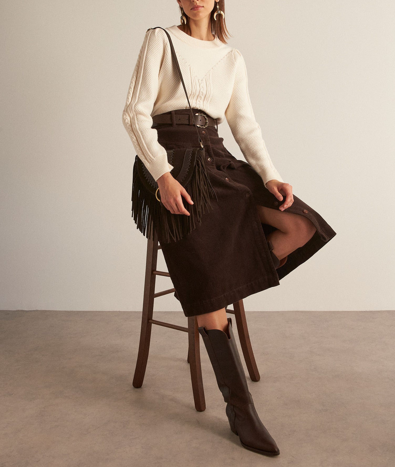 Jupe midi en velours côtelé marron Katia Faume - seconde main