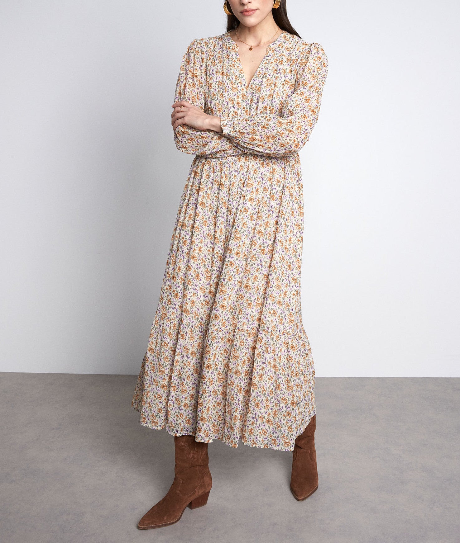 Robe longue écrue à l'imprimé fleuri Norine Faume - seconde main