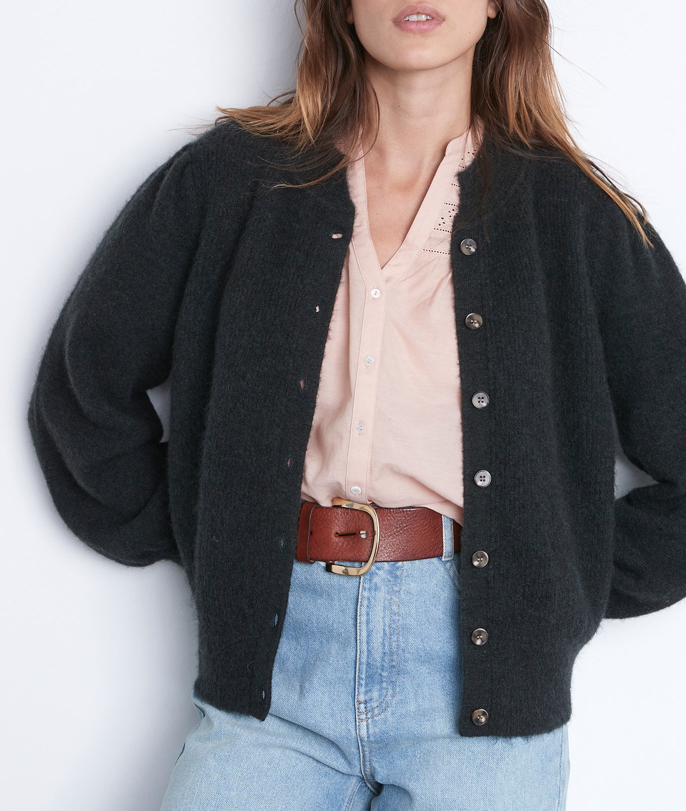 Cardigan à manches bouffantes vert Toussain Faume - seconde main