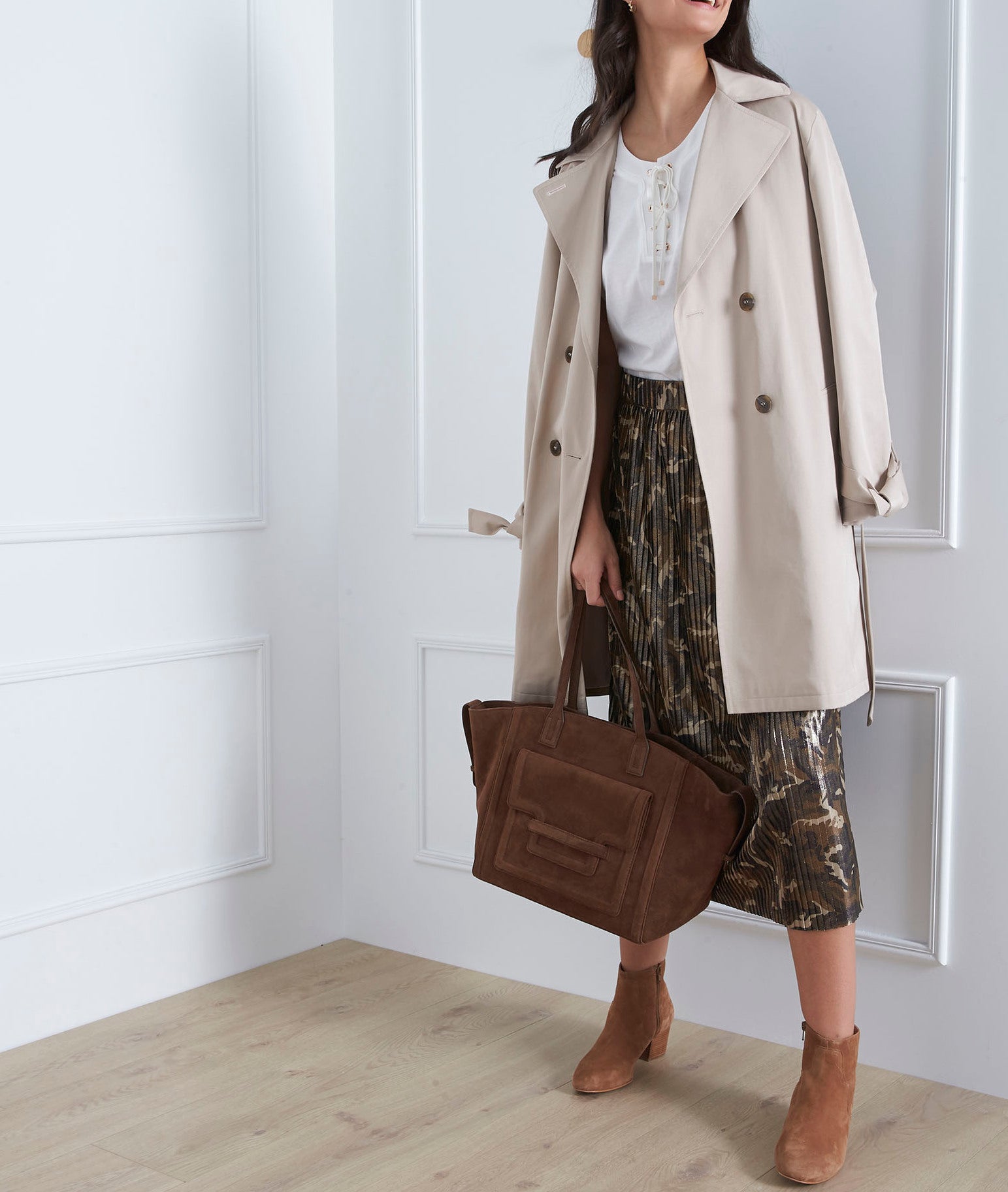 Jupe kaki plissée imprimé camouflage Sable Faume - seconde main