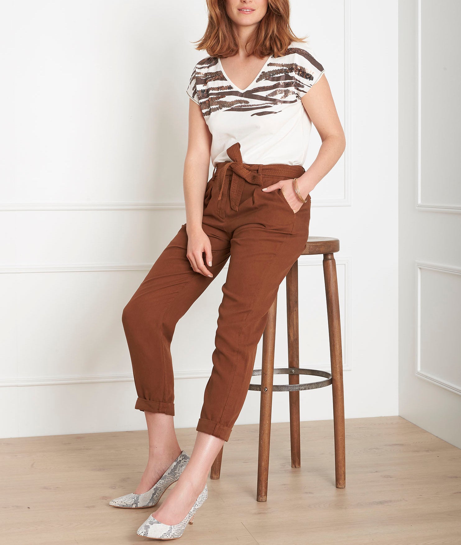 Pantalon marron fluide ceinture Geode Faume - seconde main