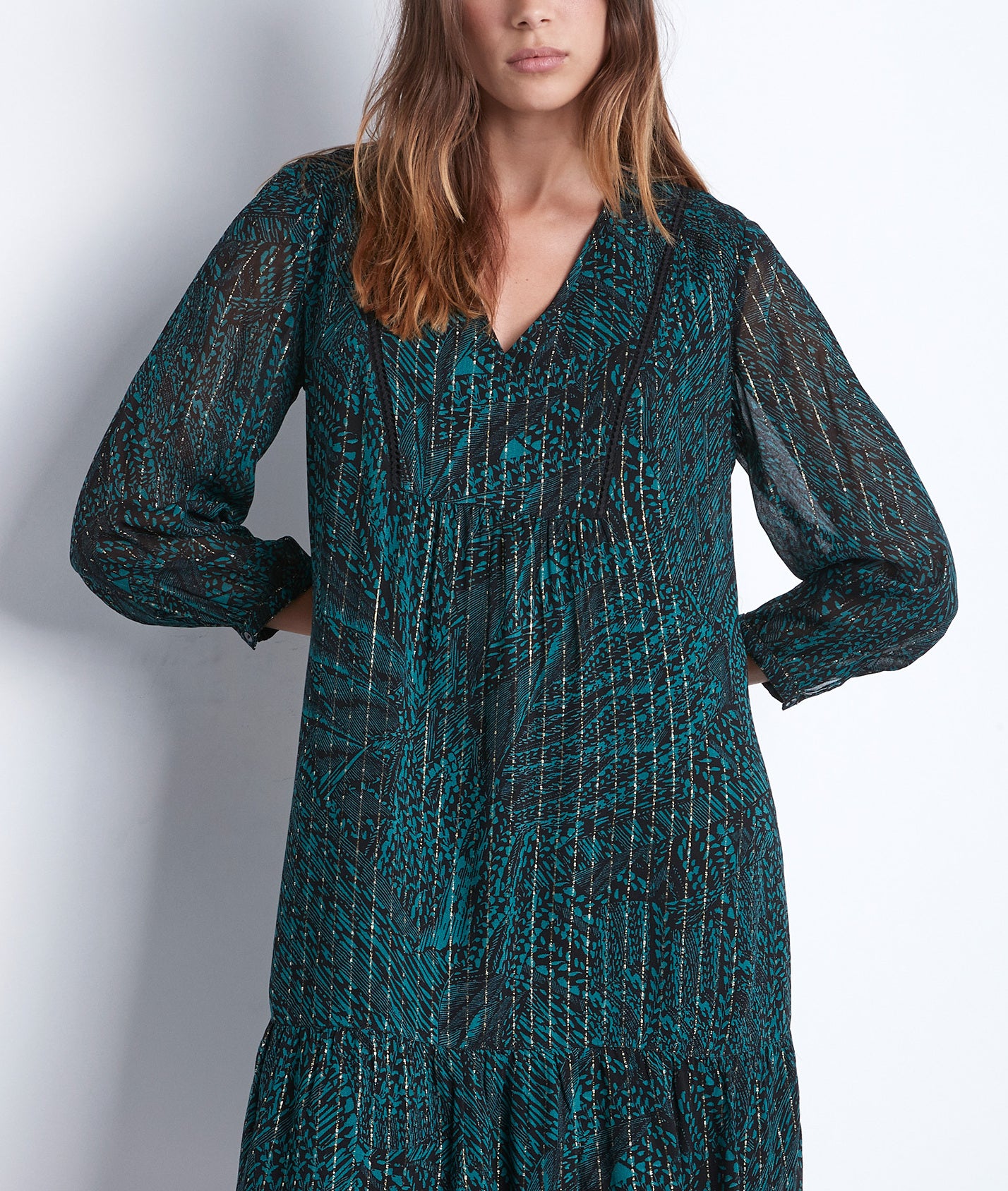 Robe courte et fluide imprimée verte et noire Soraya Faume - seconde main