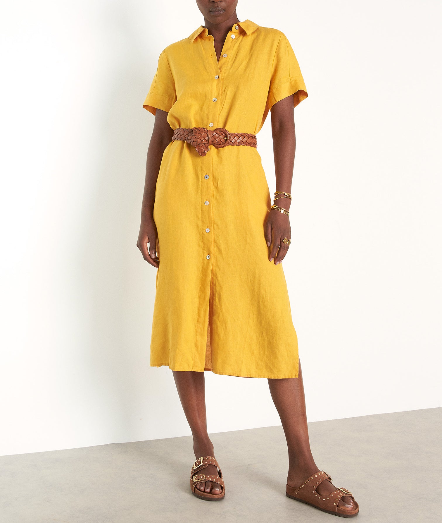 Robe chemise mi-longue en lin responsable jaune Nida Faume - seconde main