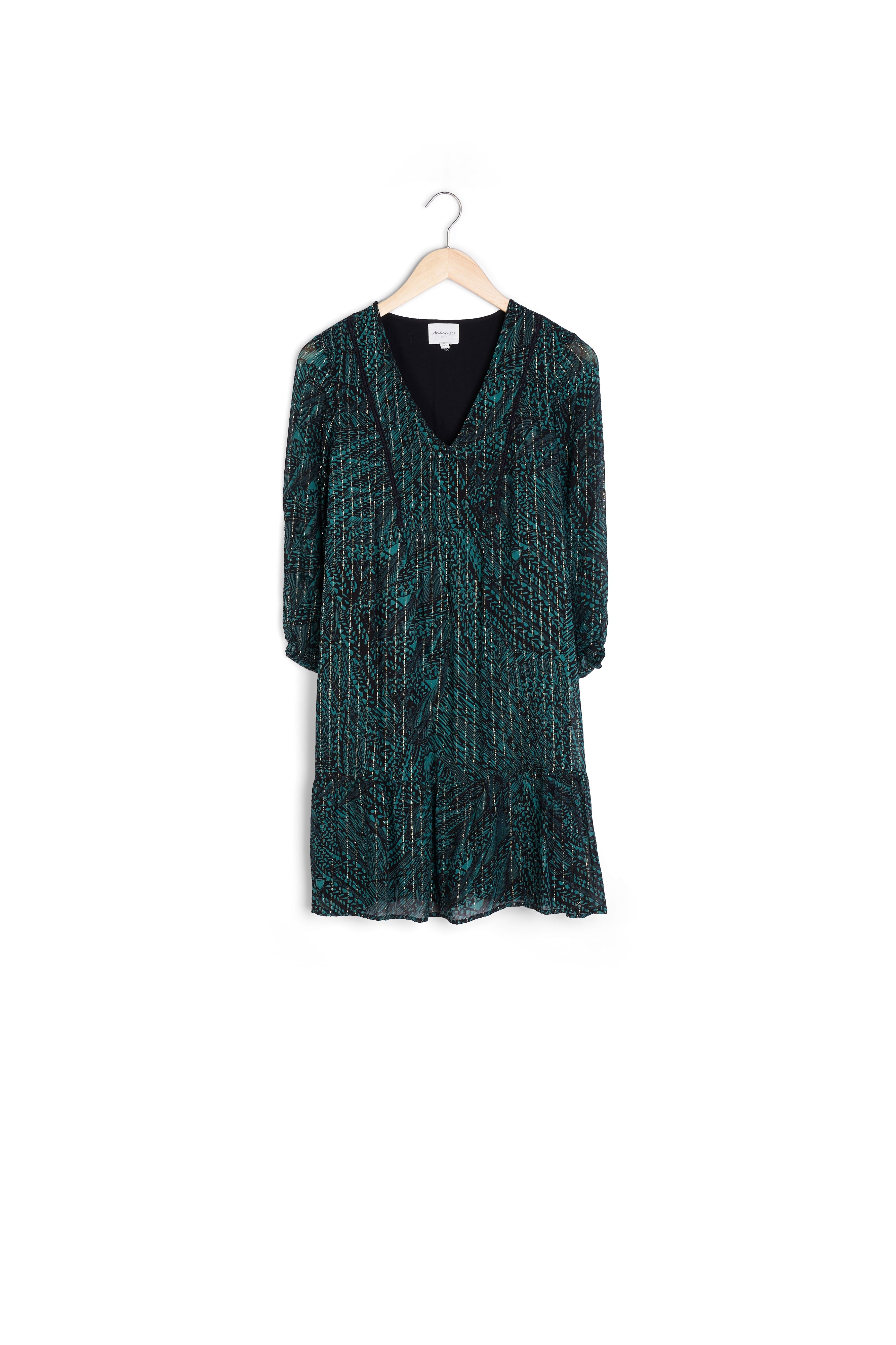 Robe courte et fluide imprimée verte et noire Soraya Faume - seconde main