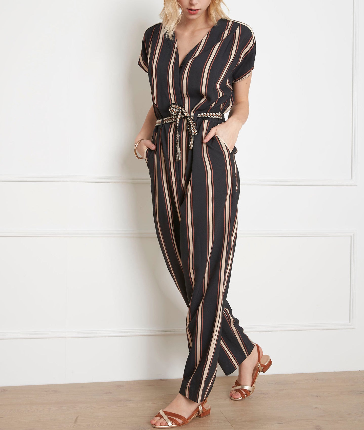 Combinaison noire rayée ceinturée Lady Faume - seconde main