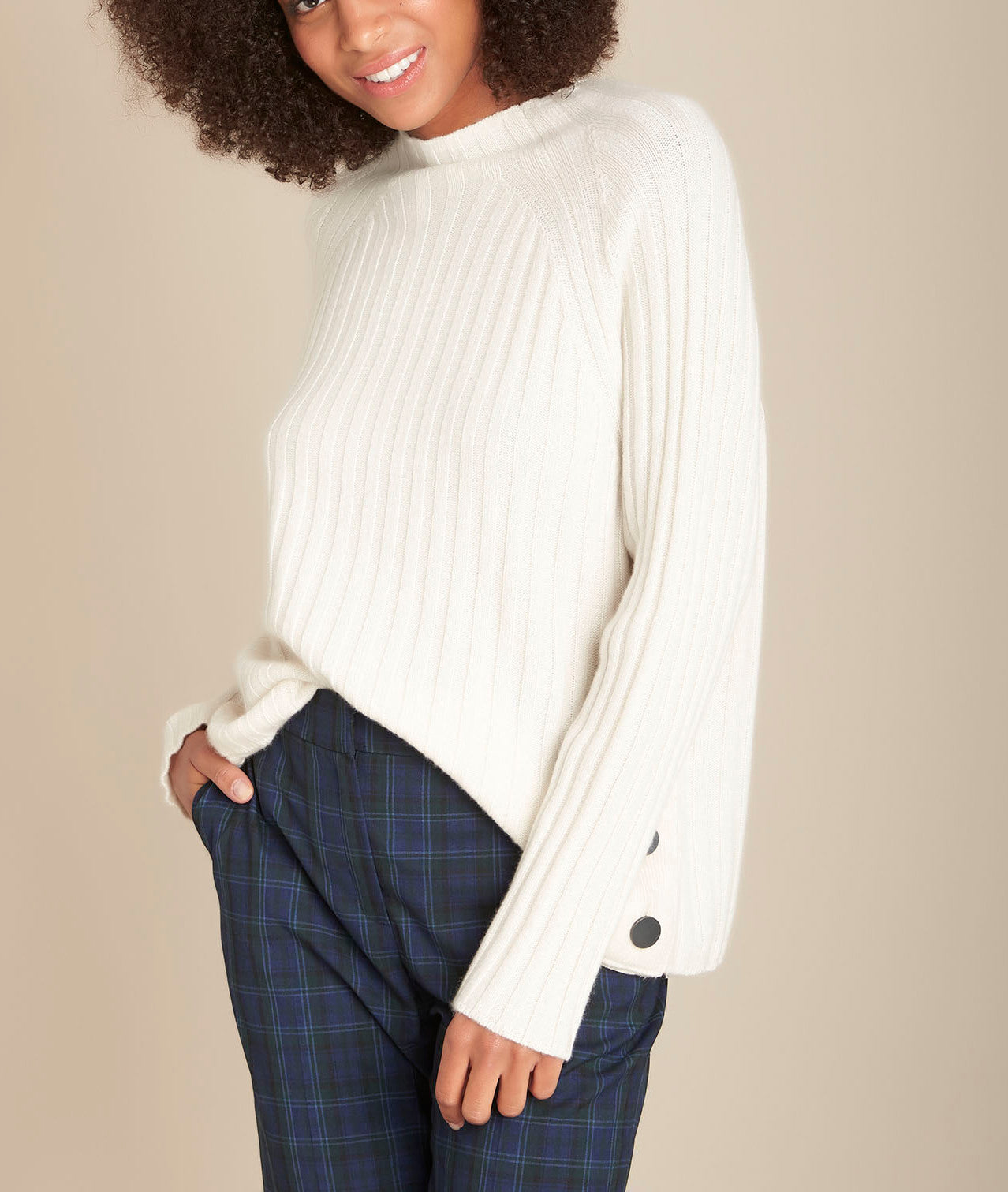Pull écru côtelé col montant Finesse Faume - seconde main