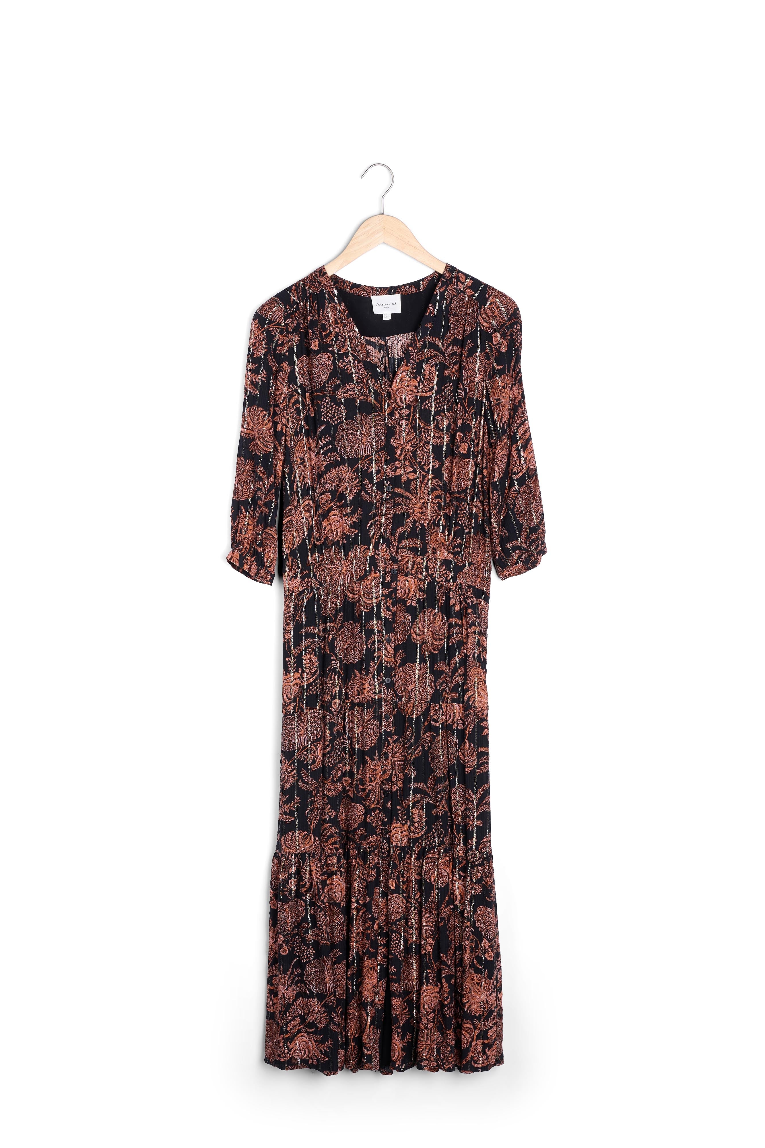 Robe chemise longue imprimée noire et orange Laly Faume - seconde main