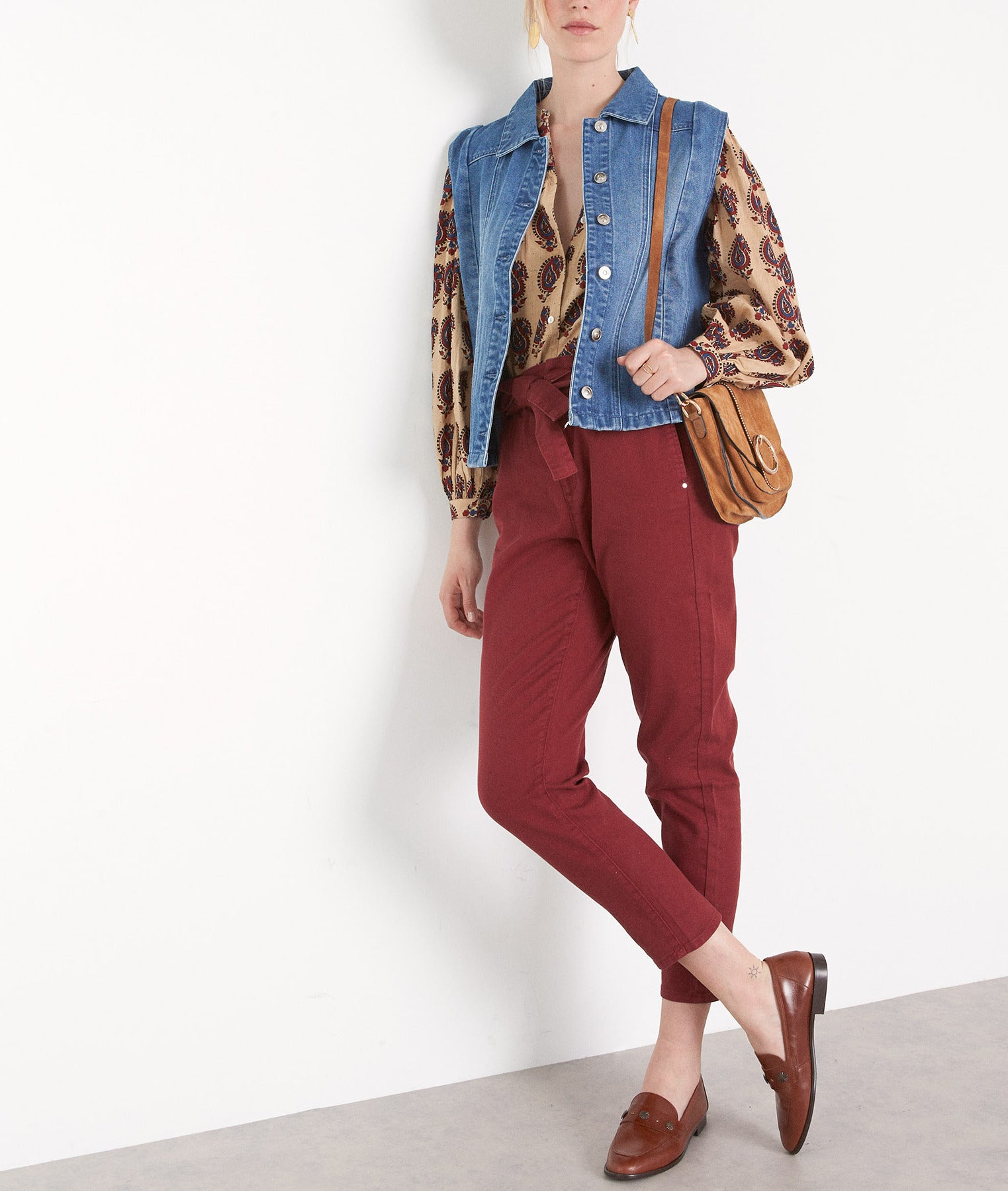 Pantalon paperbag en coton grenat Barbara Faume - seconde main