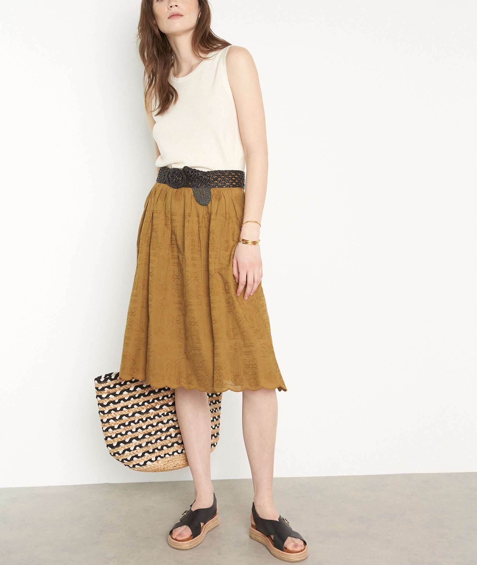 Jupe midi en coton brodée bronze Desideria Faume - seconde main