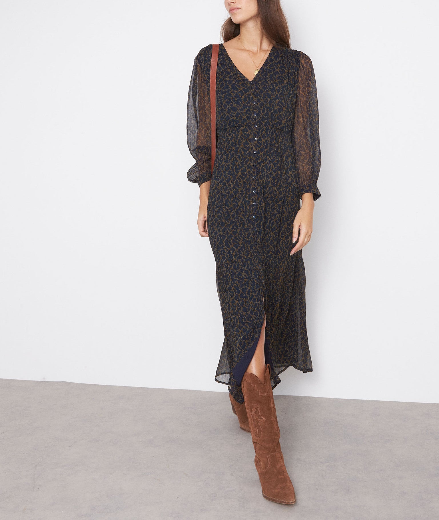 Robe longue fluide imprimée marine et bronze Souad Faume - seconde main