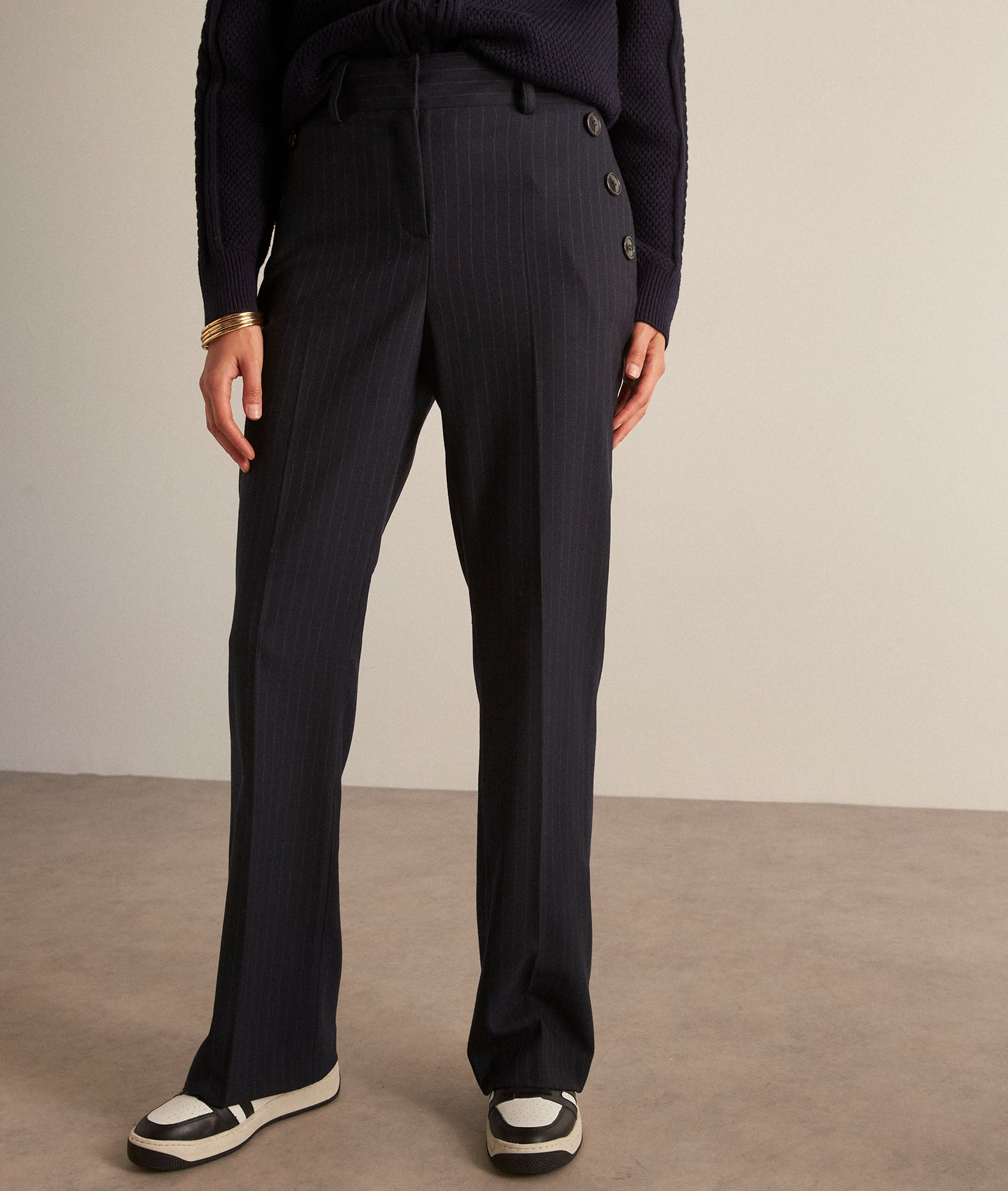 Pantalon de tailleur large rayé finement marine Ninon Faume - seconde main