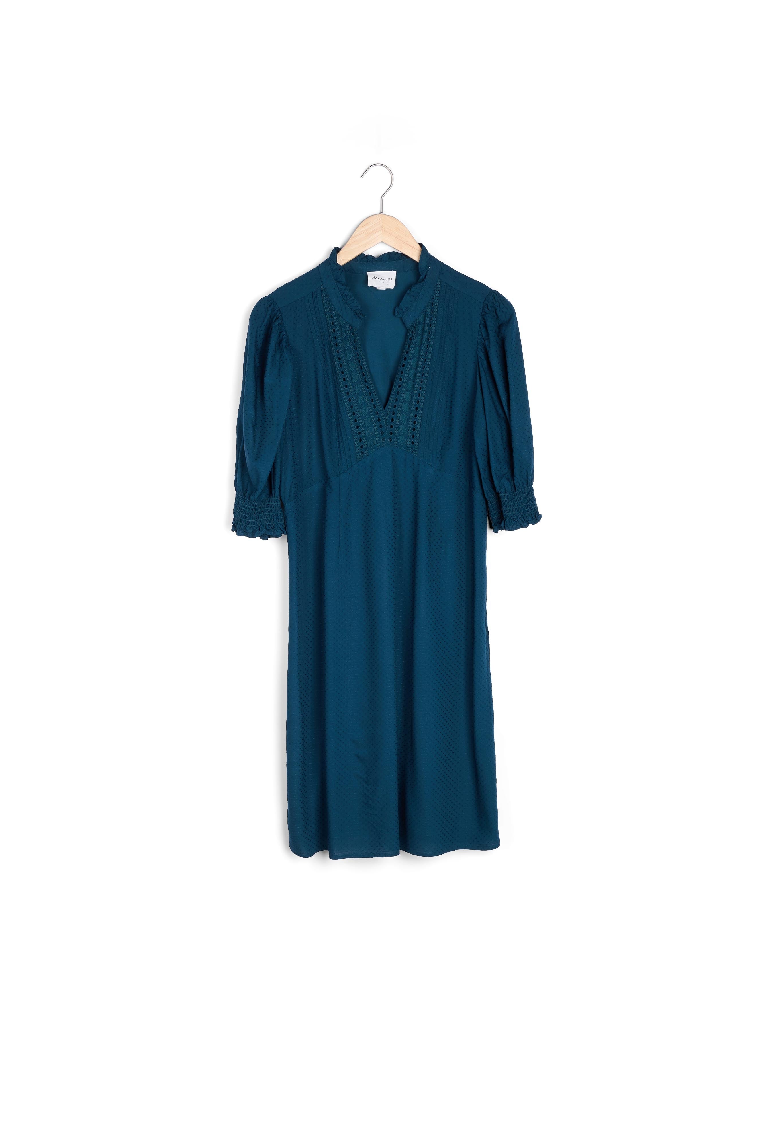 Robe élégante à manches ballon et broderies verte Sorelle Faume - seconde main