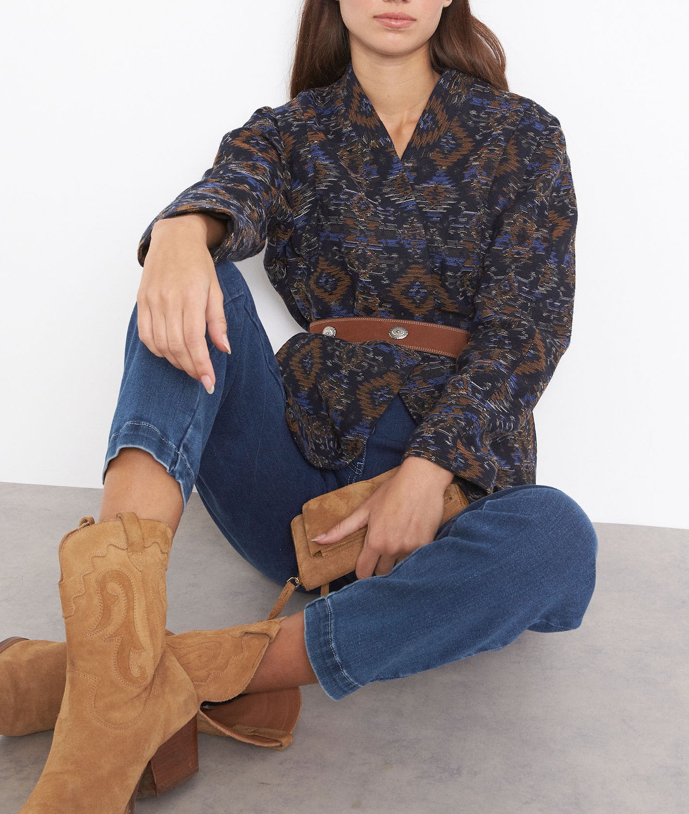 Veste en jacquard ceinturée marine Fiesta Faume - seconde main