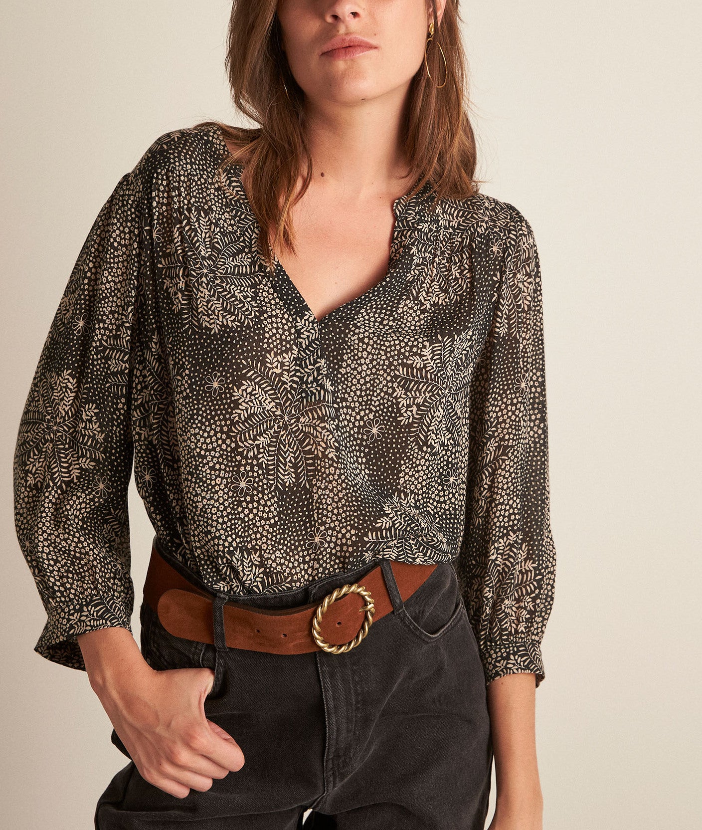 Blouse fluide imprimée noire Elsa Faume - seconde main