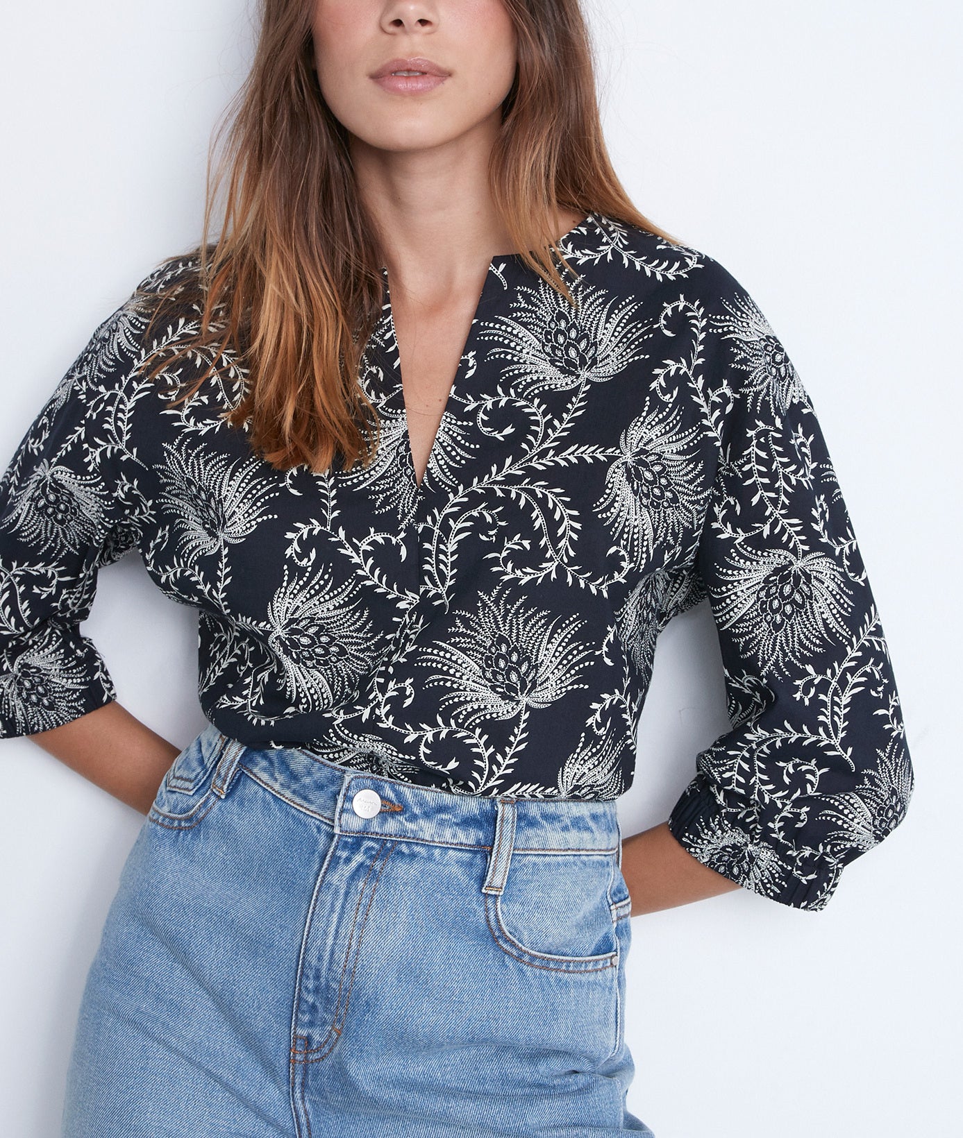 Blouse en coton imprimé noir et blanc Amel Faume - seconde main