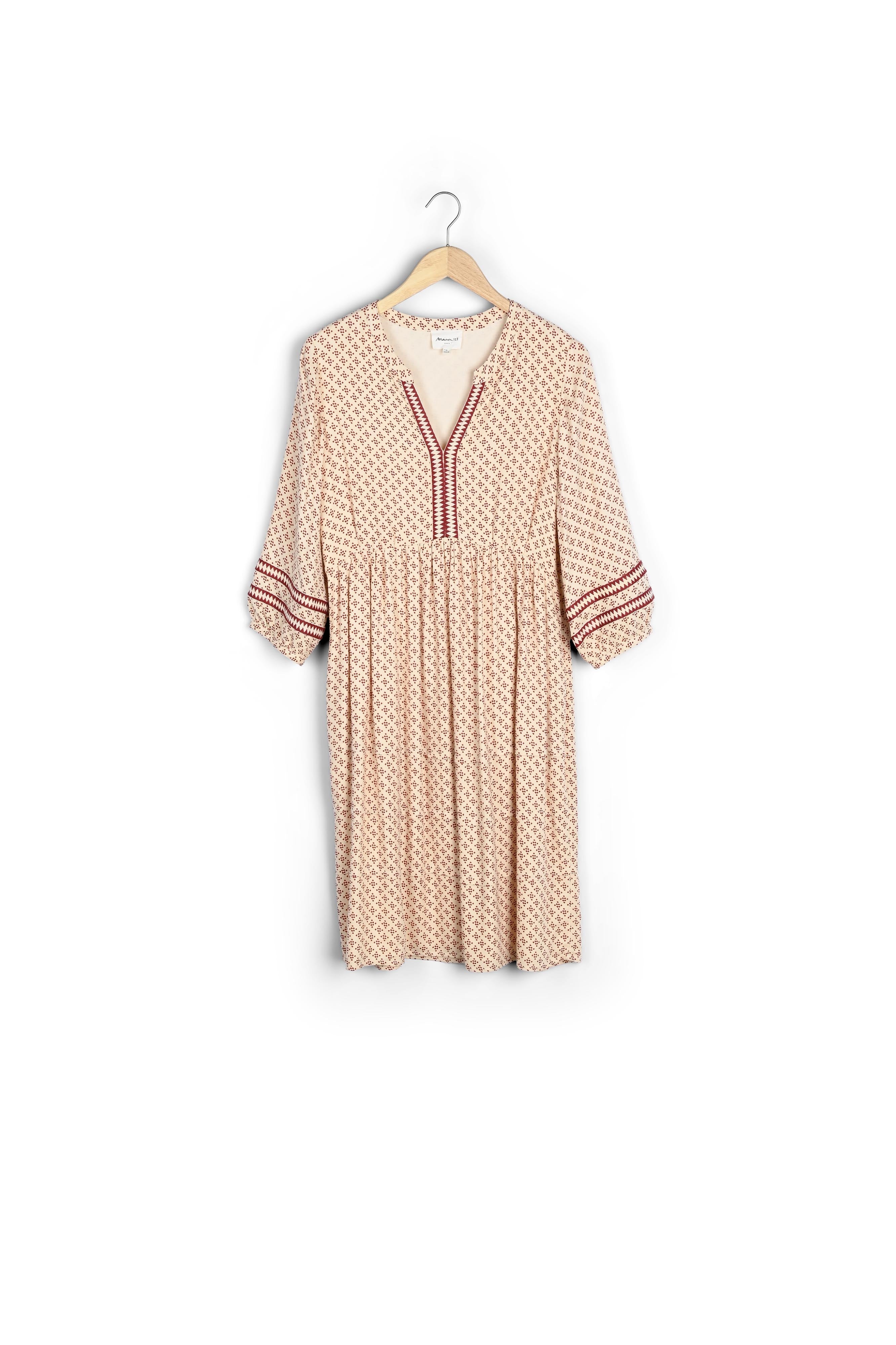 Robe courte et fluide imprimée écrue et bordeaux Suzanne Faume - seconde main