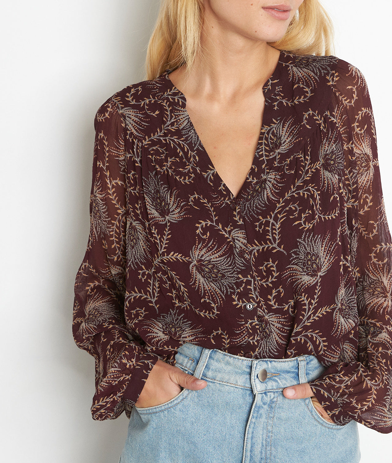 Blouse fluide imprimée bordeaux Anne Faume - seconde main