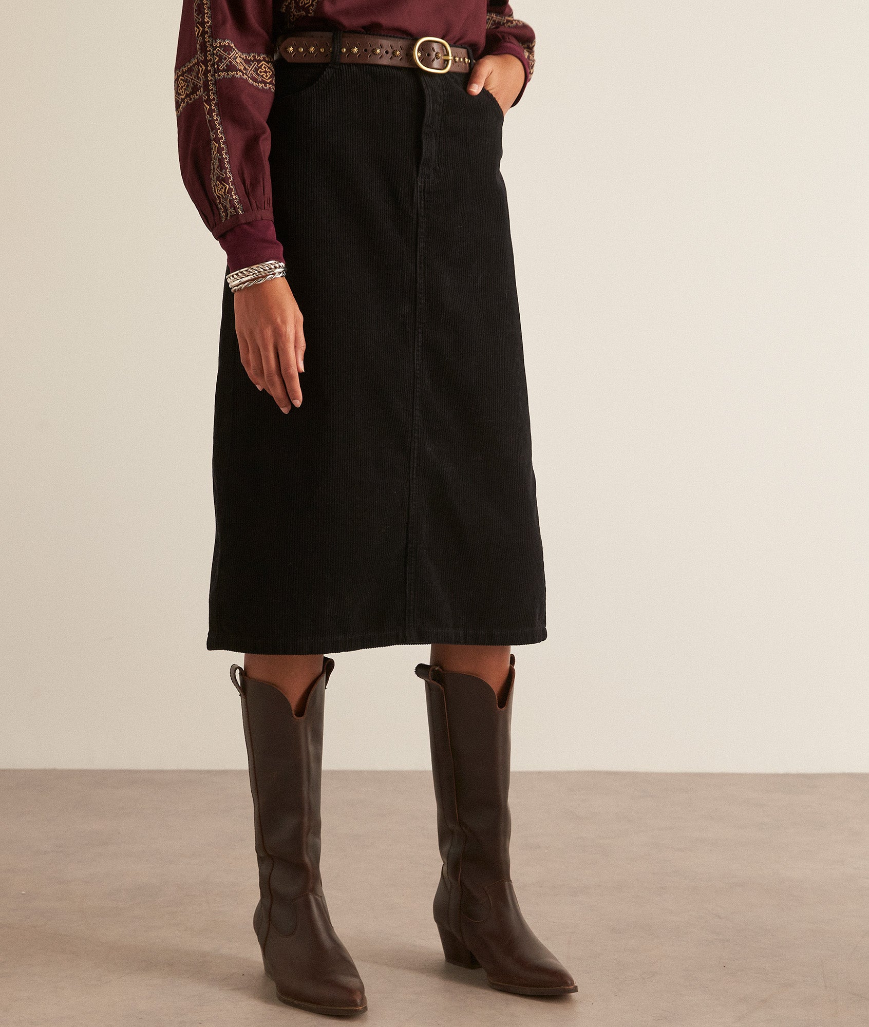 Jupe crayon en velours côtelé noir Kayne Faume - seconde main