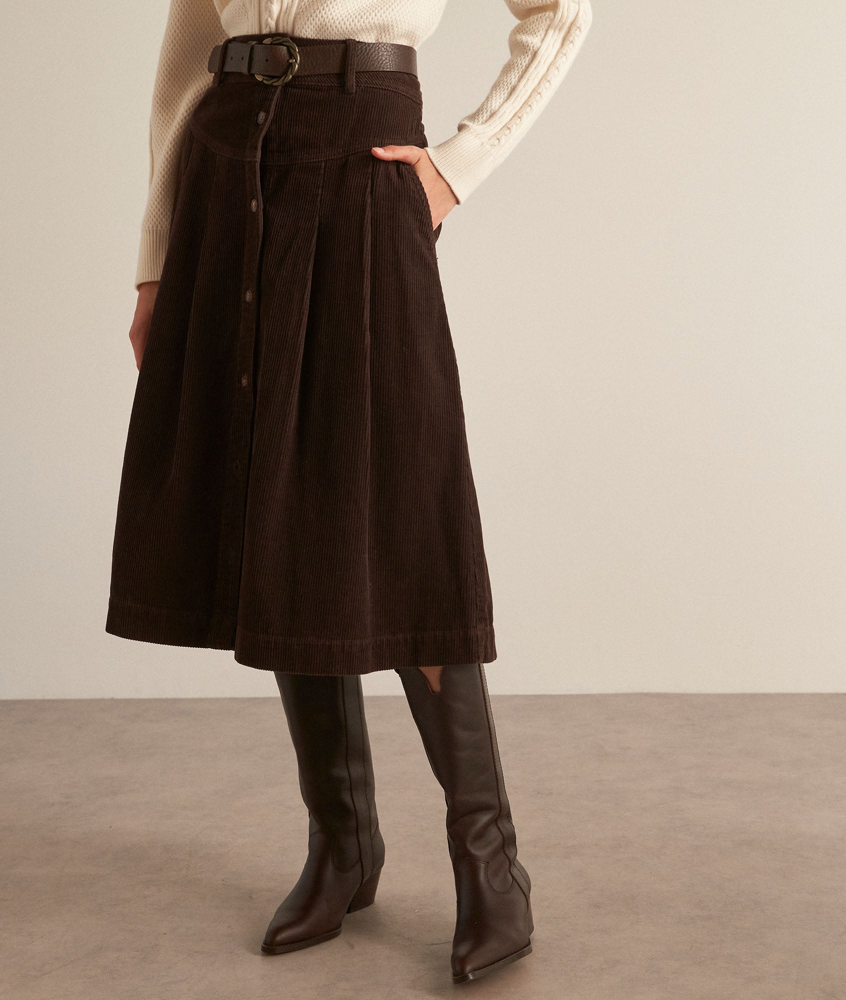 Jupe midi en velours côtelé marron Katia Faume - seconde main