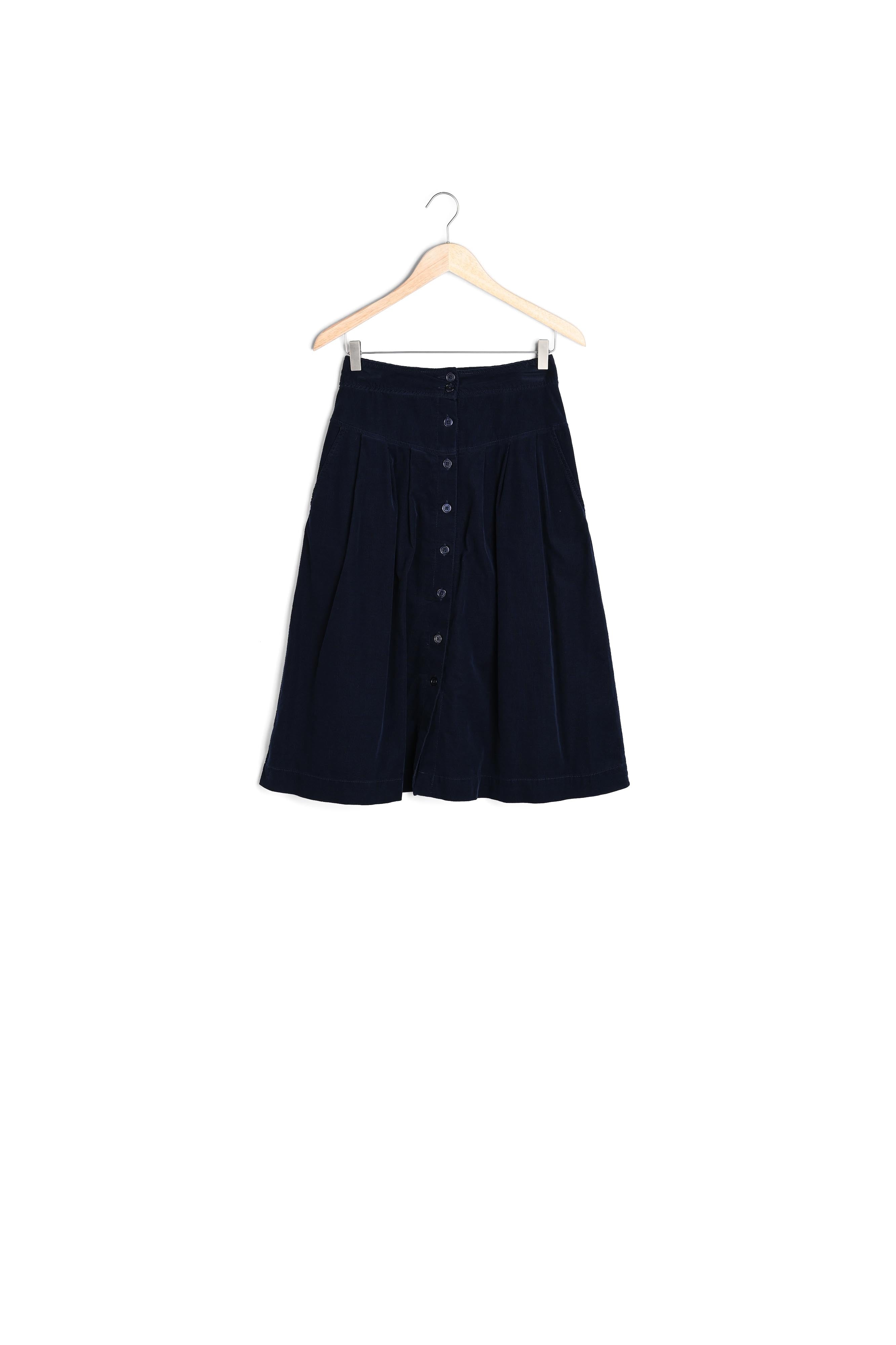 Jupe midi en velours milleraies bleu marine Francine Faume - seconde main