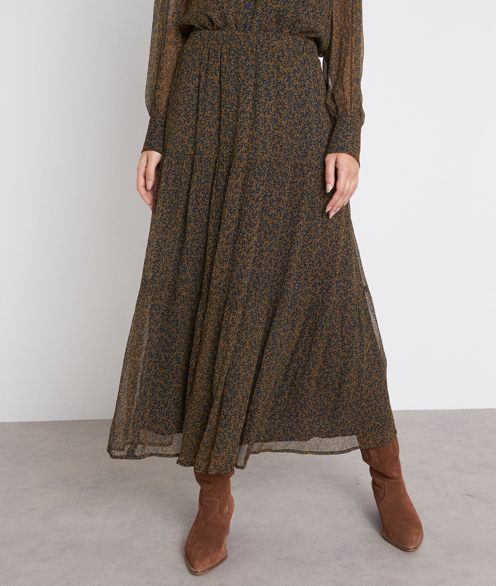 Jupe longue imprimée bronze et marine Ginko Faume - seconde main
