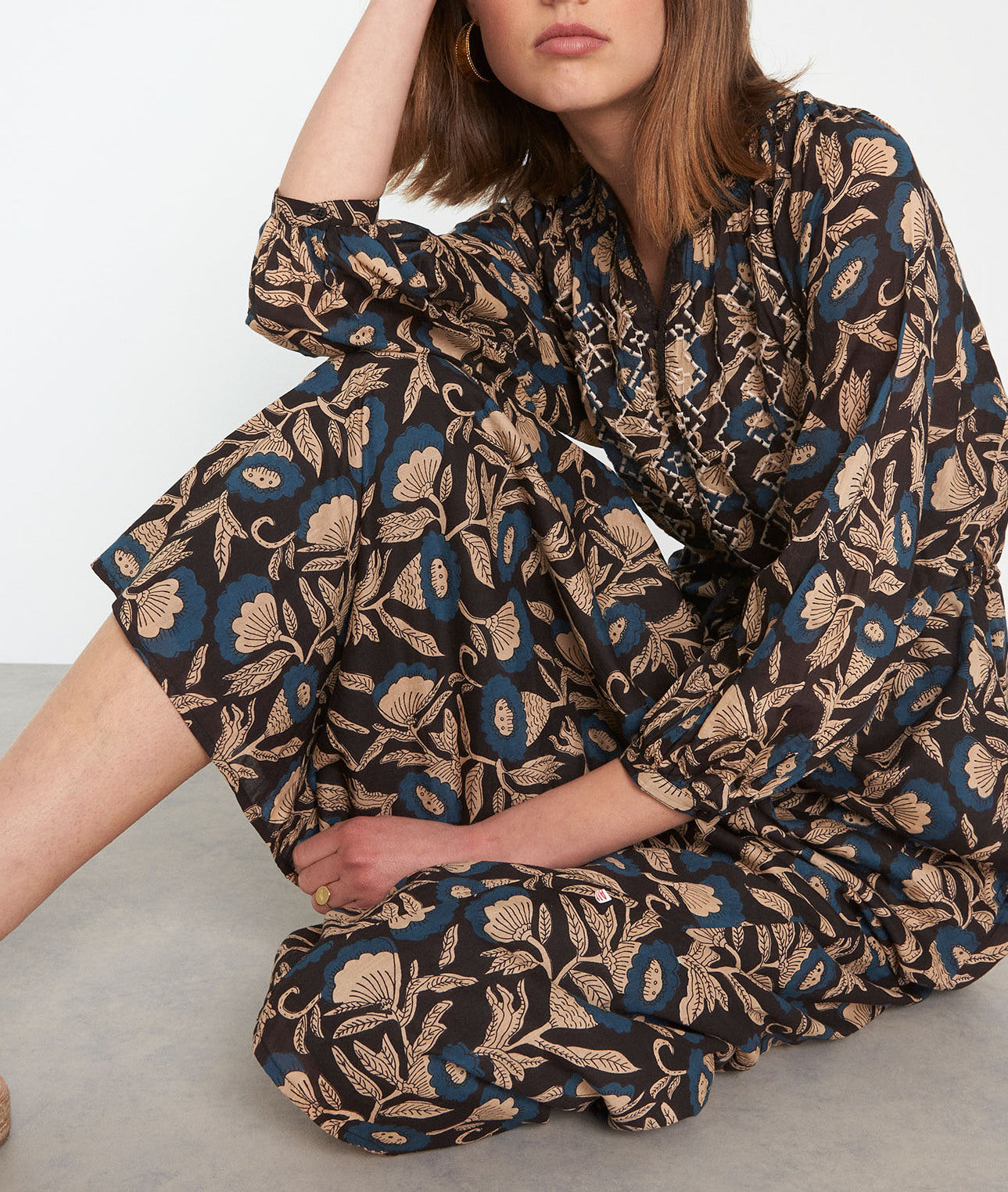 Robe longue en coton imprimé noir Norina Faume - seconde main