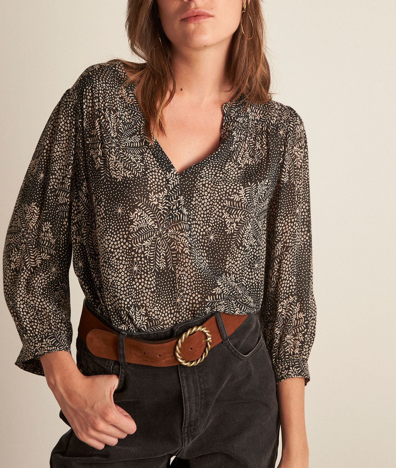 Blouse fluide imprimée noire Elsa Faume - seconde main