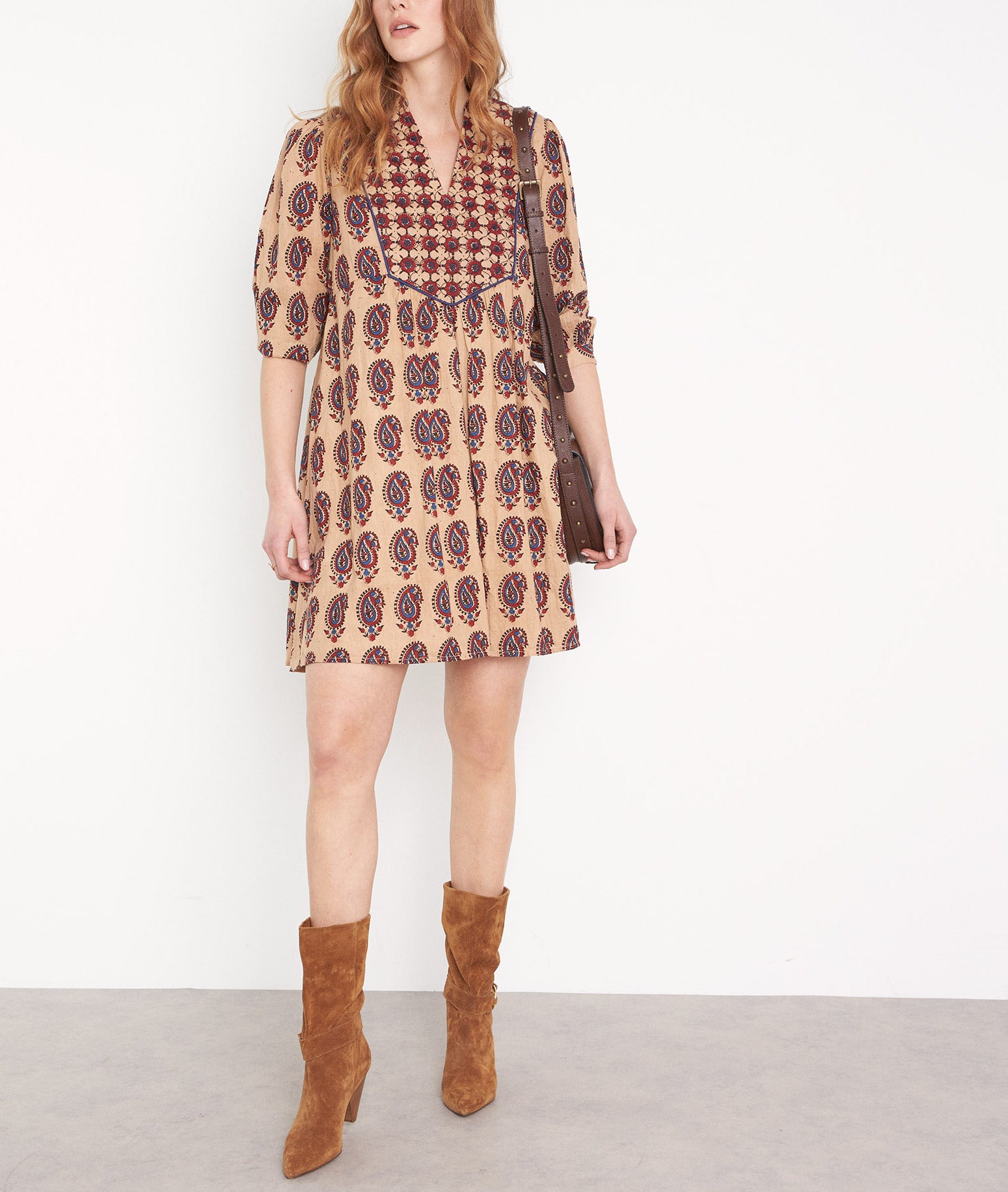 Robe courte imprimée en coton beige Hariana Faume - seconde main