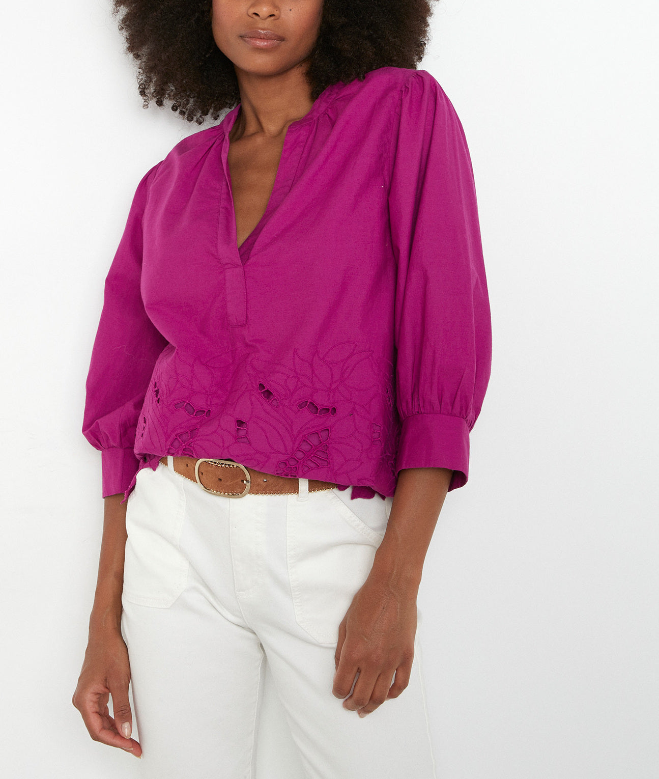 Blouse brodée à manches ballons fuchsia Aaron Faume - seconde main