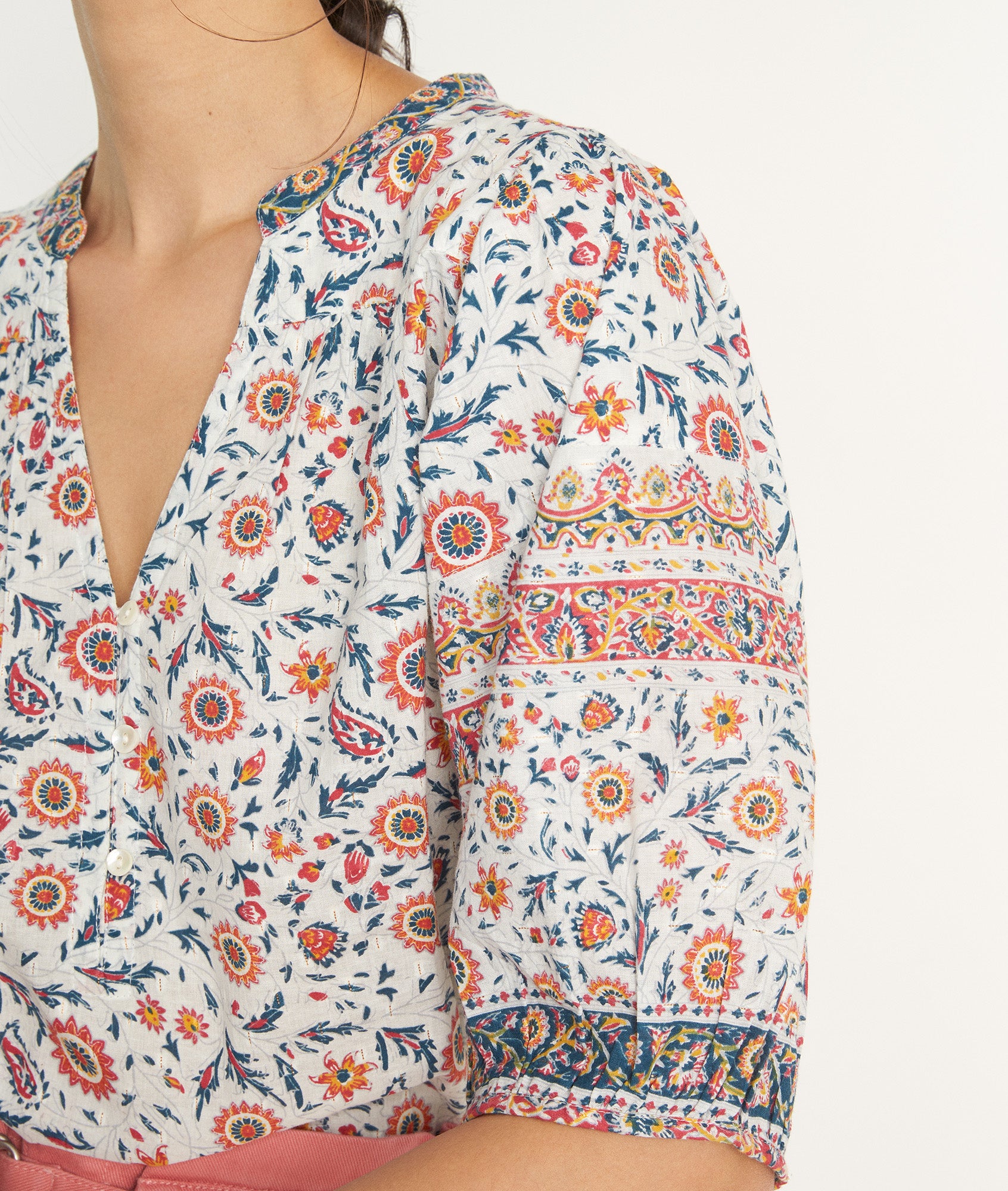 Blouse à manches ballons en coton imprimé rose et blanc Connie Faume - seconde main