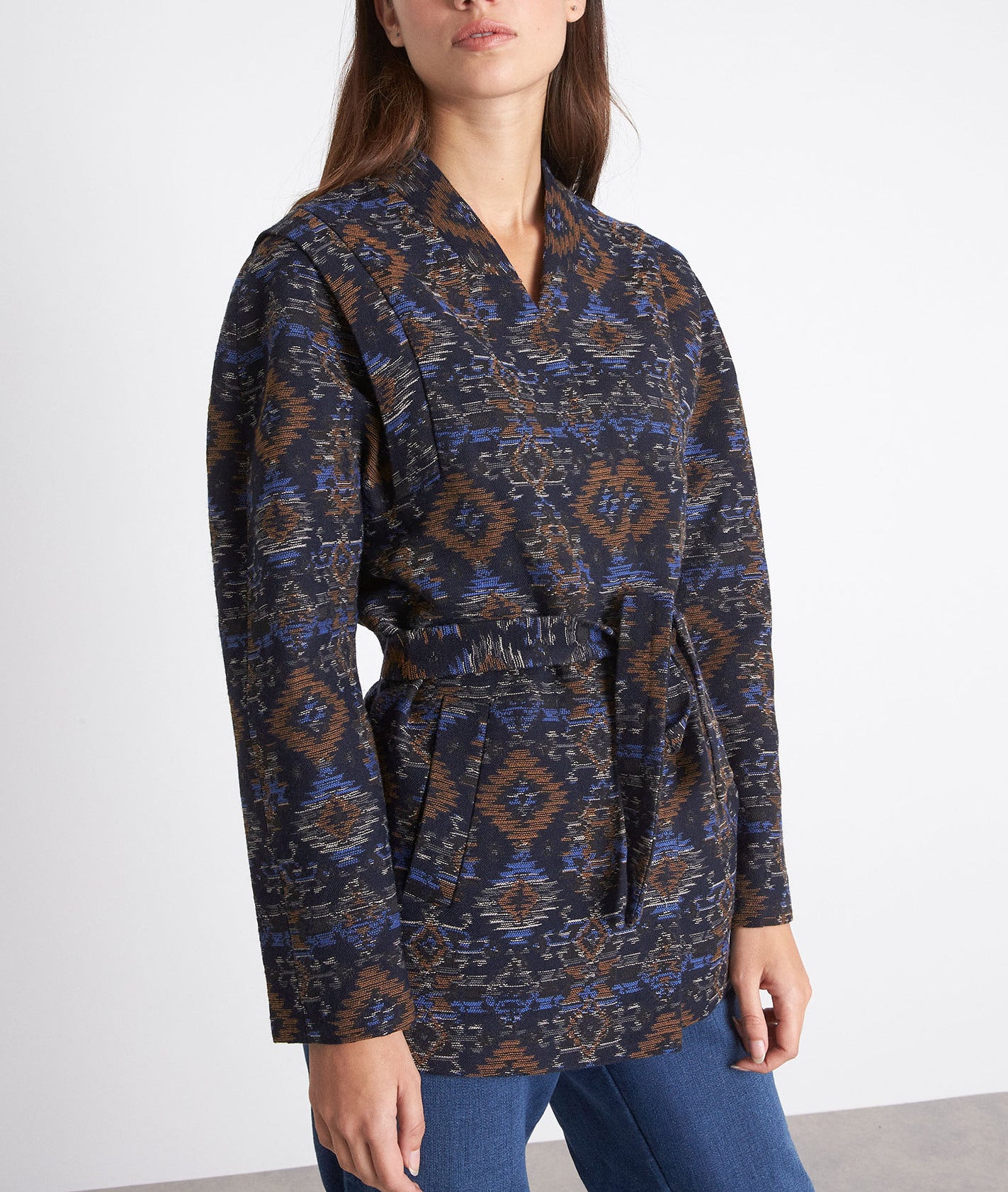 Veste en jacquard ceinturée marine Fiesta Faume - seconde main