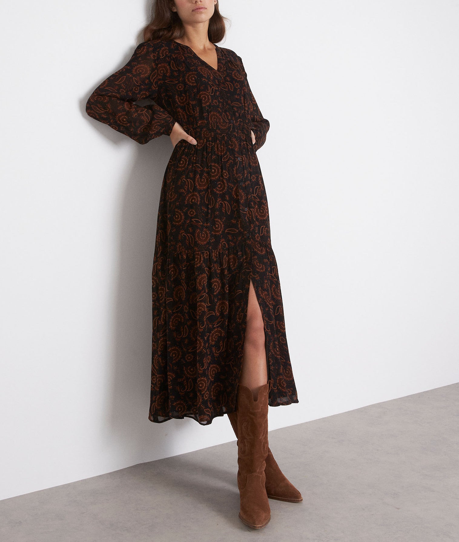 Robe longue imprimée noire Neline Faume - seconde main