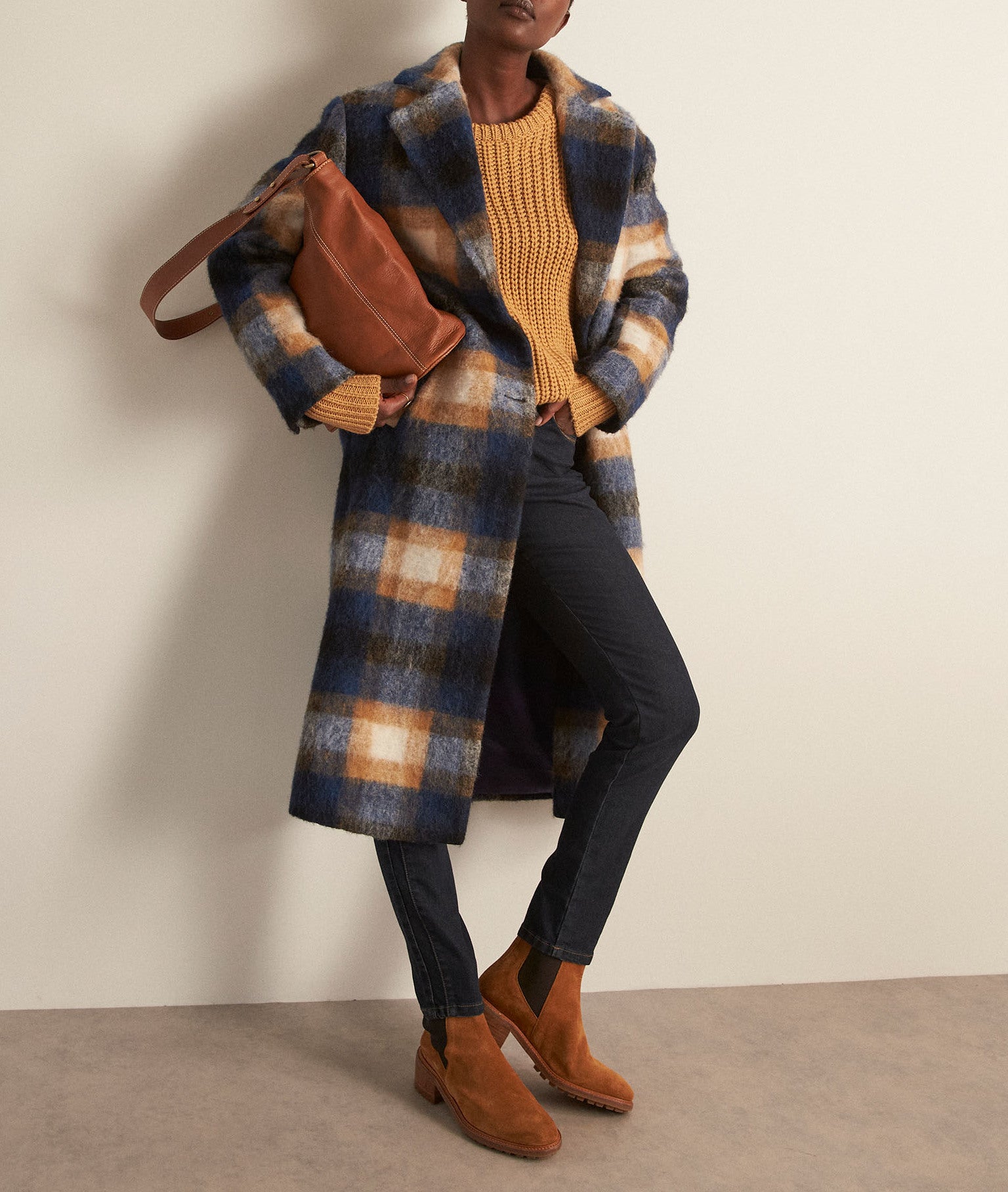 Manteau long à carreaux marine et camel Marilou Faume - seconde main