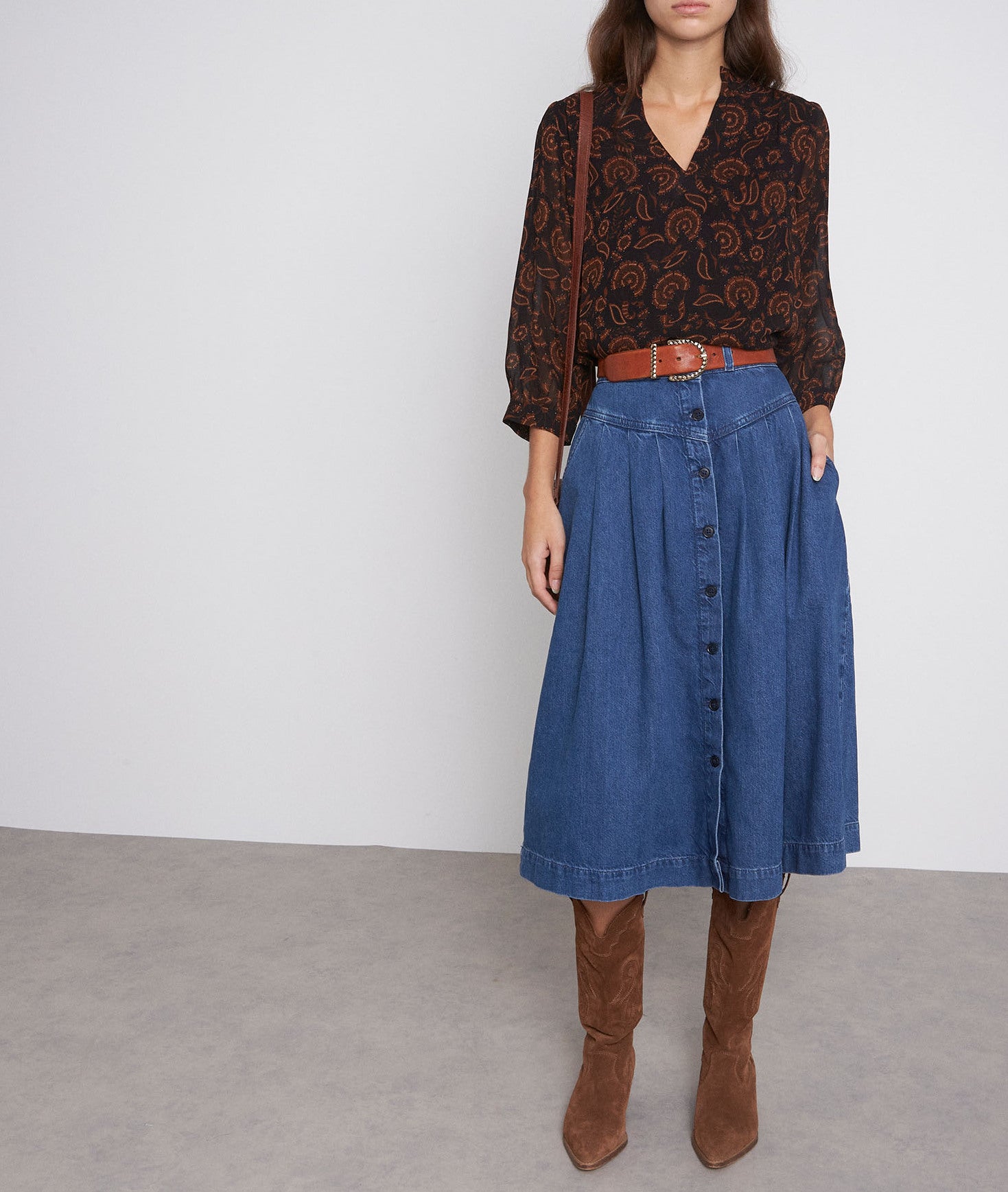 Blouse imprimée noire et brique Leandra Faume - seconde main