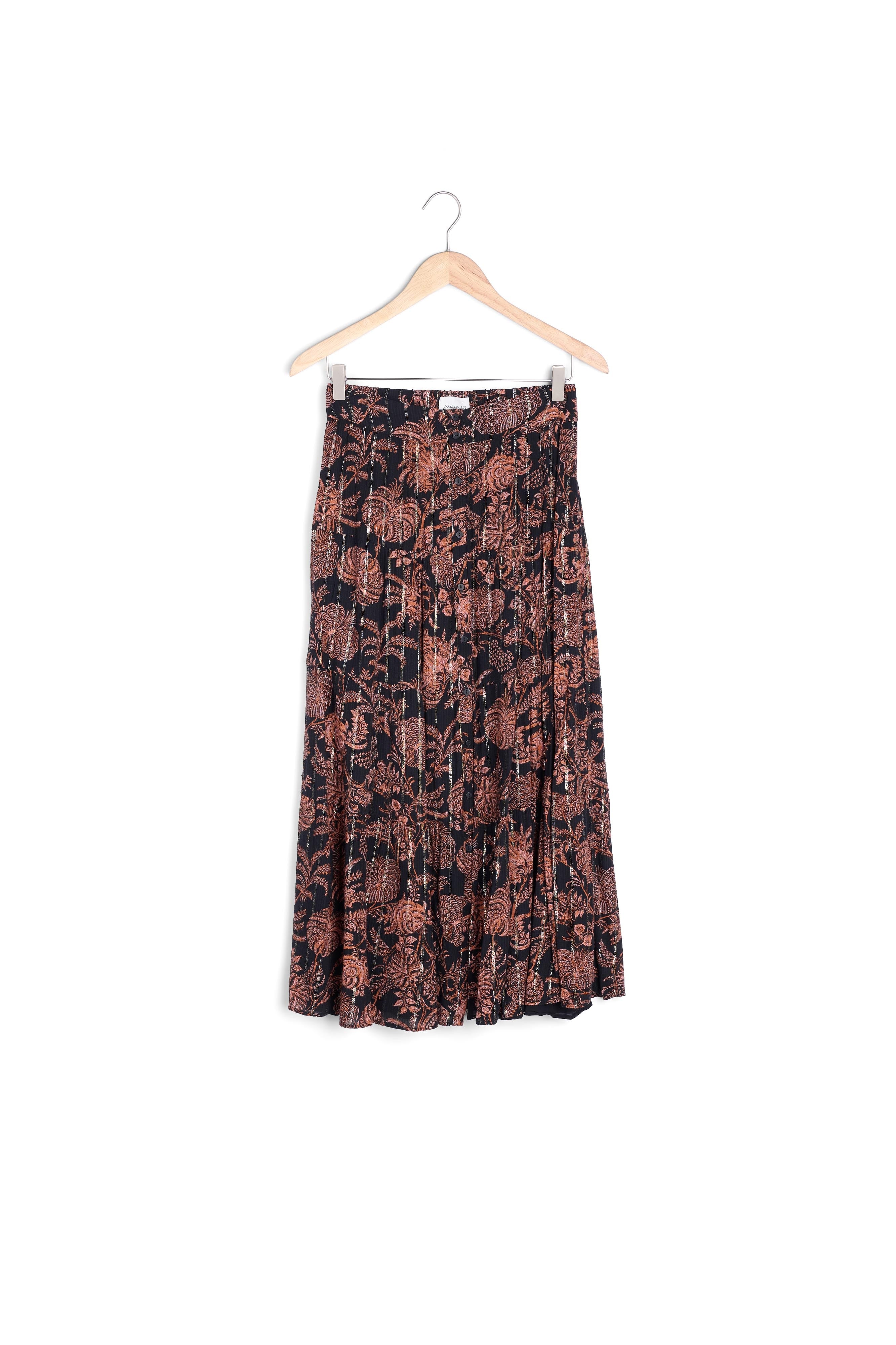 Jupe longue imprimée noire et orange Emira Faume - seconde main