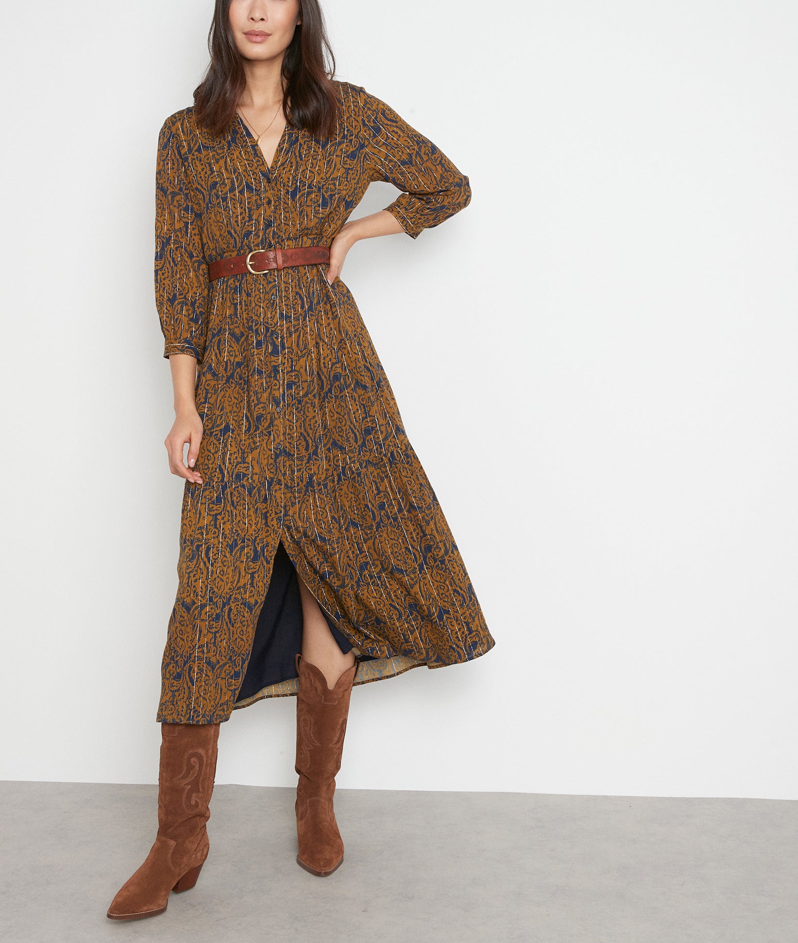 Robe longue imprimée ocre et marine Carola Faume - seconde main