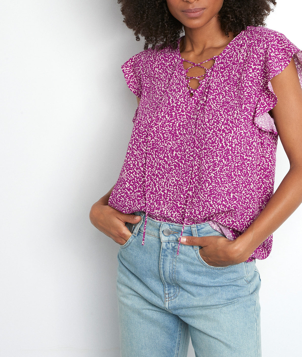 Top fluide à manches volantées imprimé fuchsia Albanne Faume - seconde main