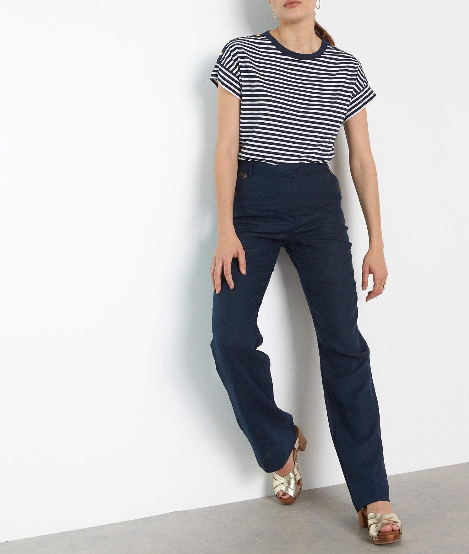 Pantalon flare en lin responsable et coton marine Ninon Faume - seconde main