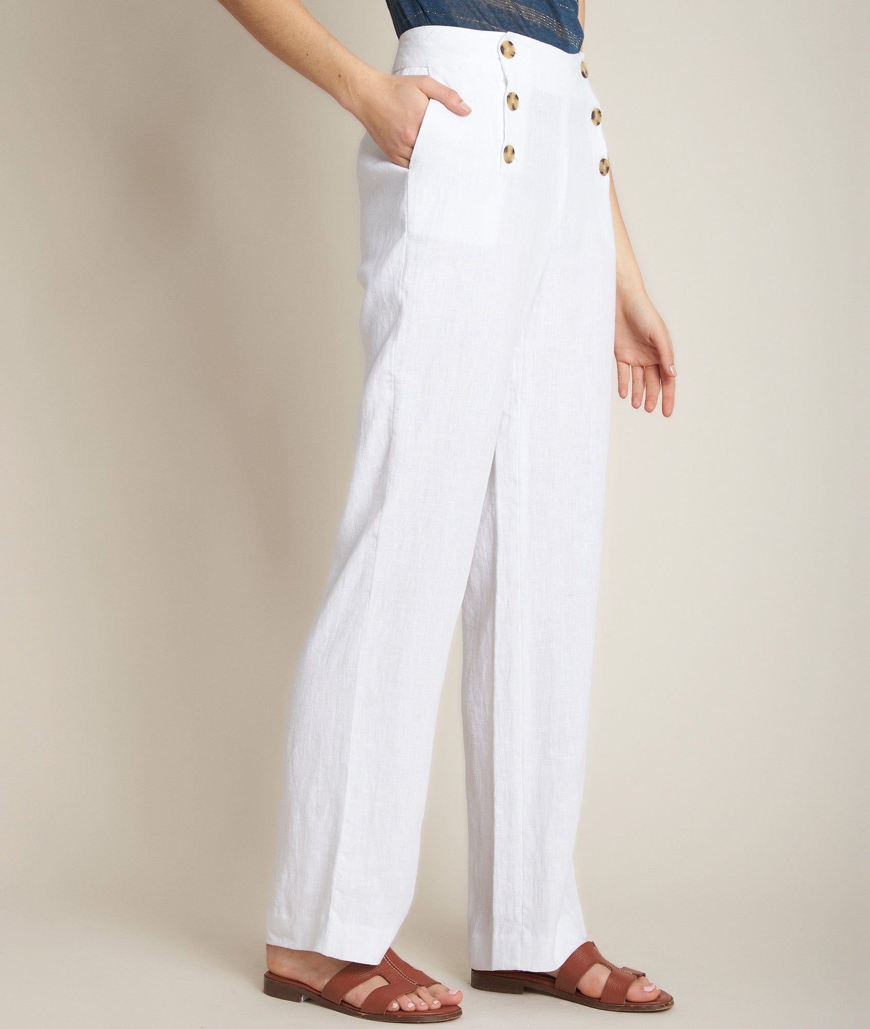 Pantalon à pont en lin blanc Iber Faume - seconde main