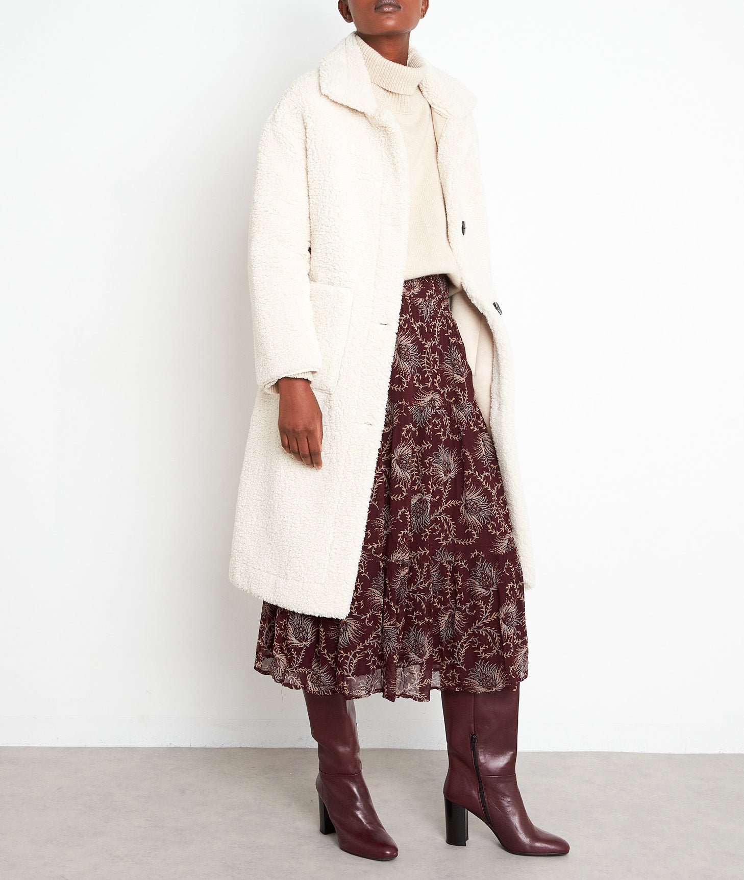 Jupe midi vaporeuse imprimée bordeaux Florianne Faume - seconde main