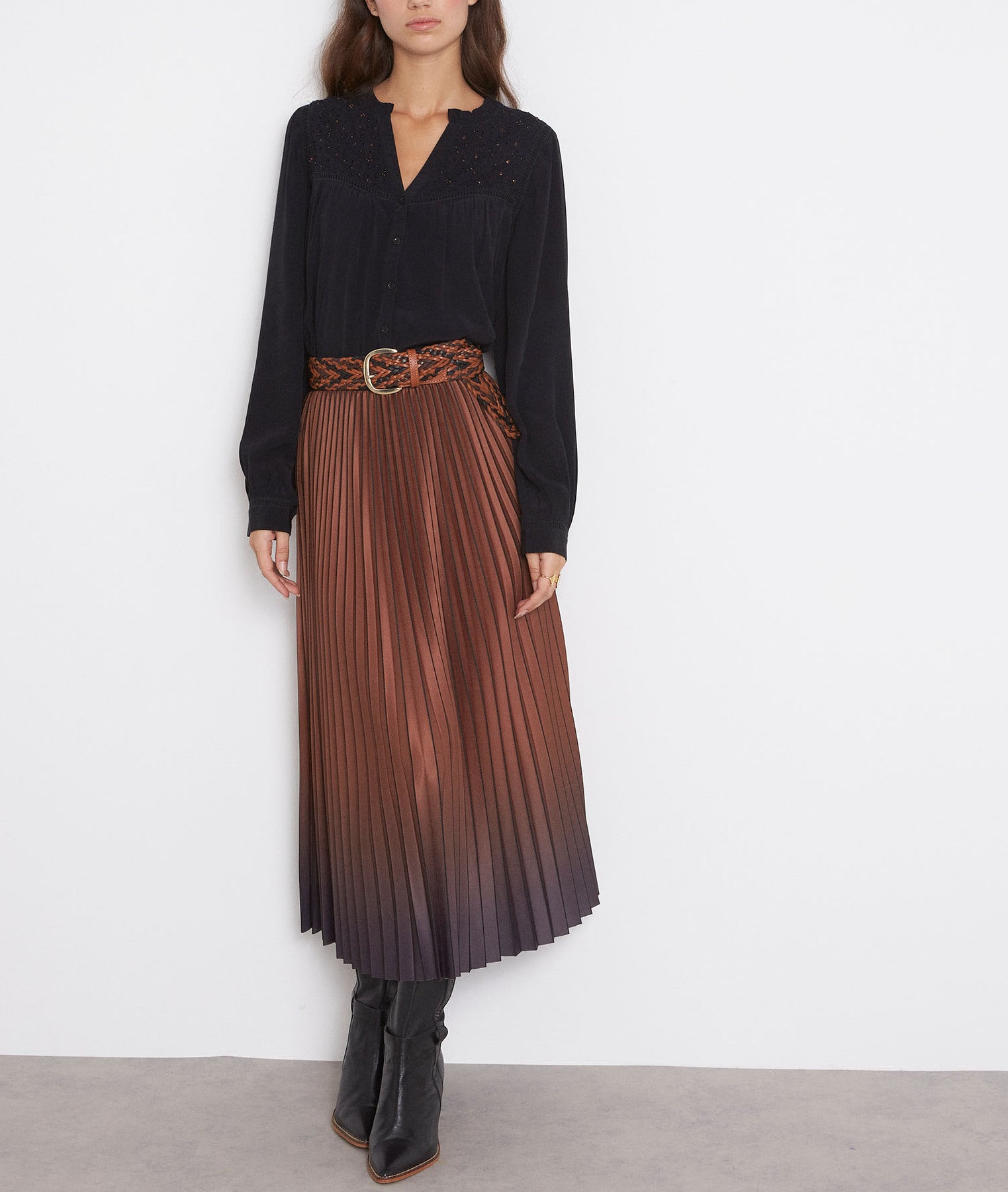 Jupe mi-longue plissée tie and dye caramel Elara Faume - seconde main