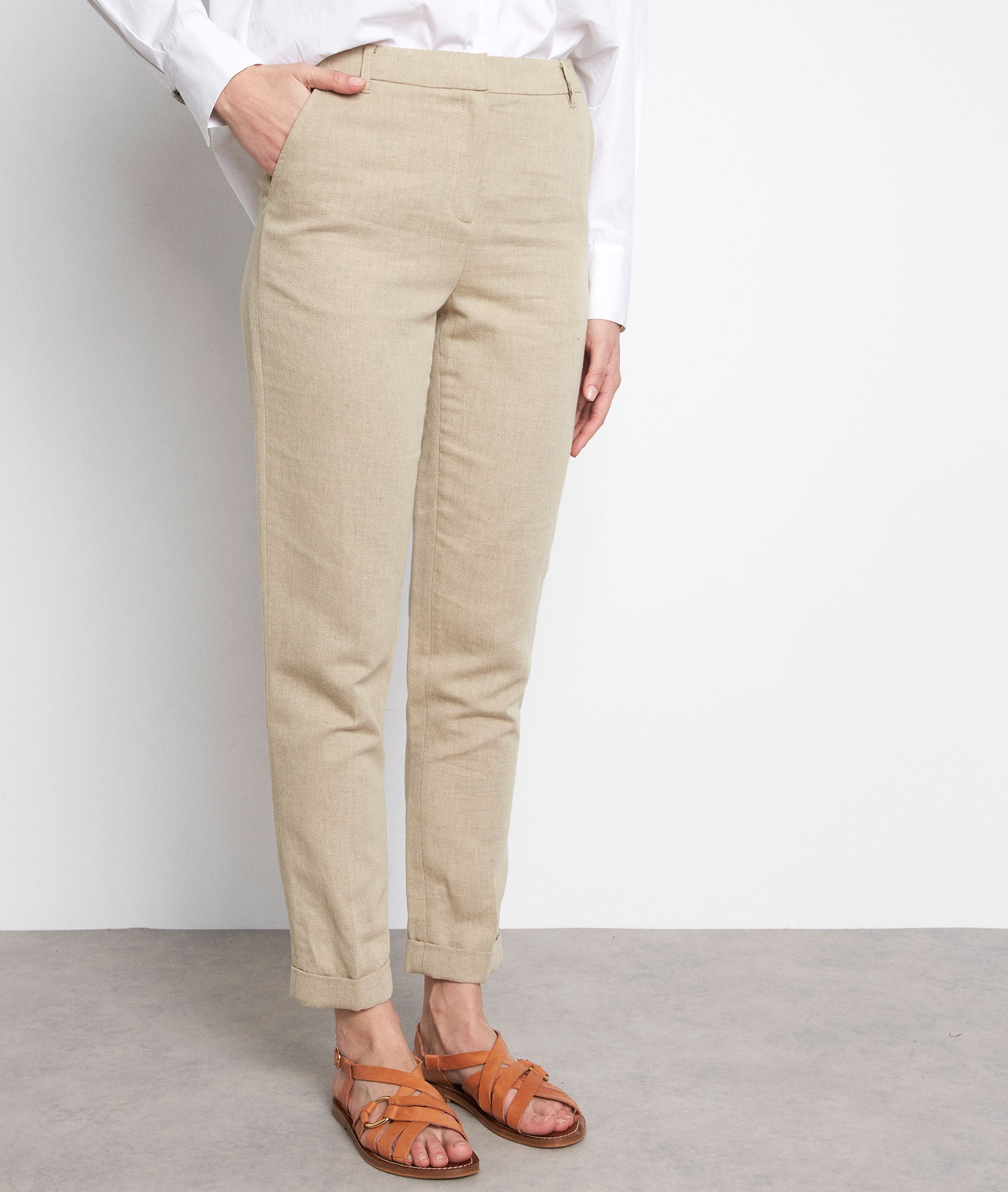 Pantalon chino en coton et lin beige Felix Faume - seconde main