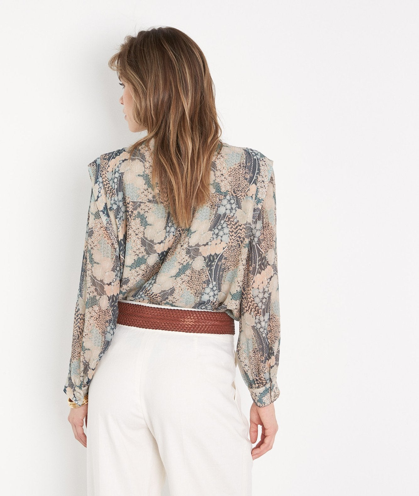 Blouse imprimée fluide beige et bleue Celina Faume - seconde main