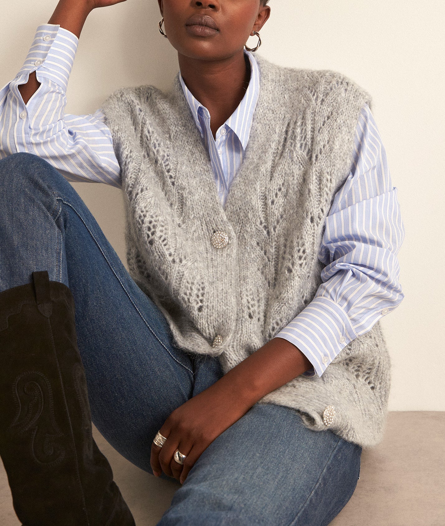 Gilet sans manches ajouré gris chiné Bawer Bis Faume - seconde main