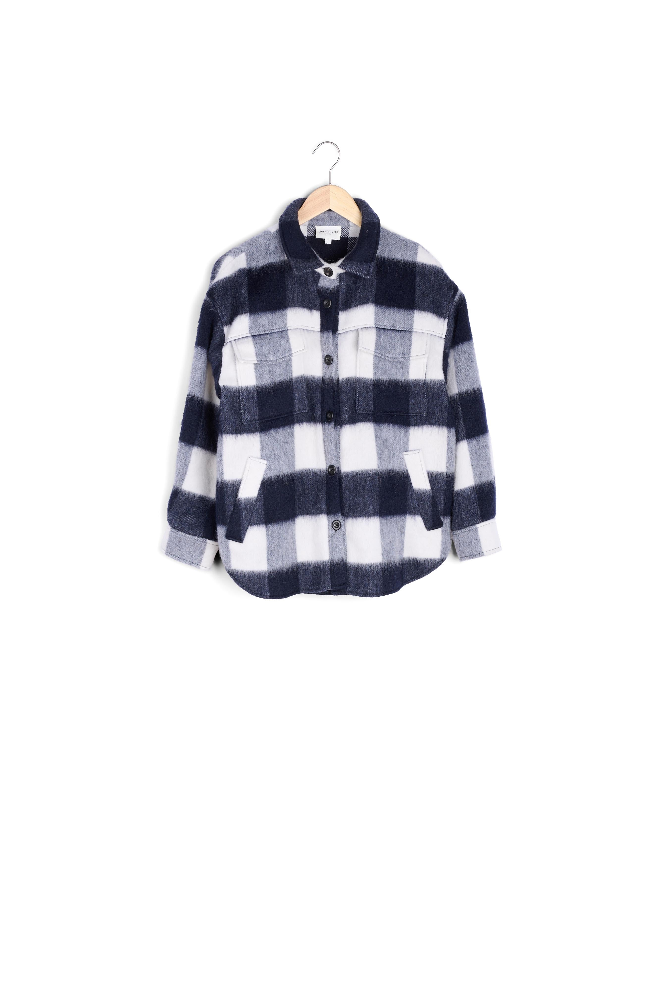 Surchemise à carreaux en laine marine et écrue Rita Faume - seconde main