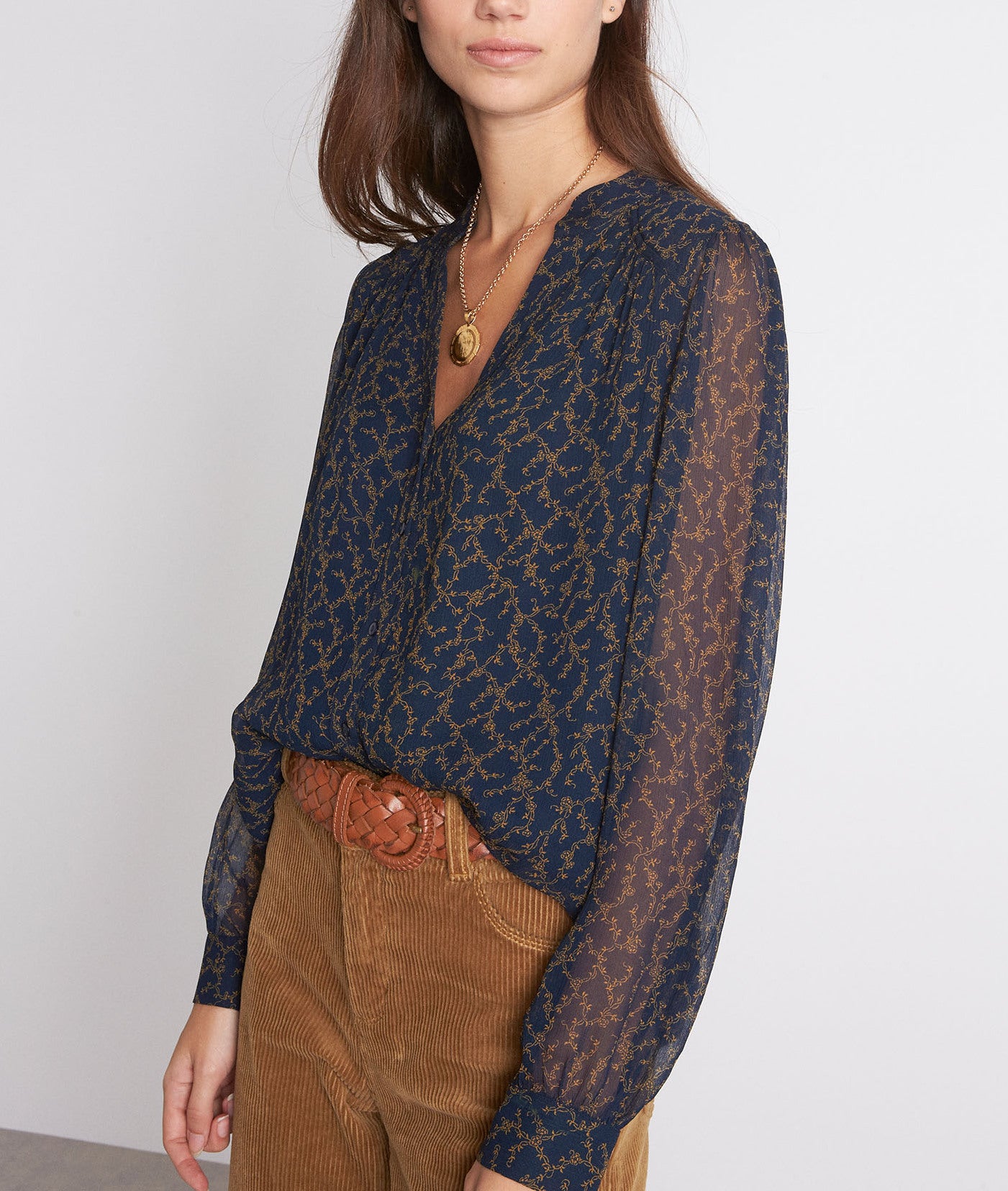 Blouse vaporeuse imprimée marine et bronze Lionne Faume - seconde main
