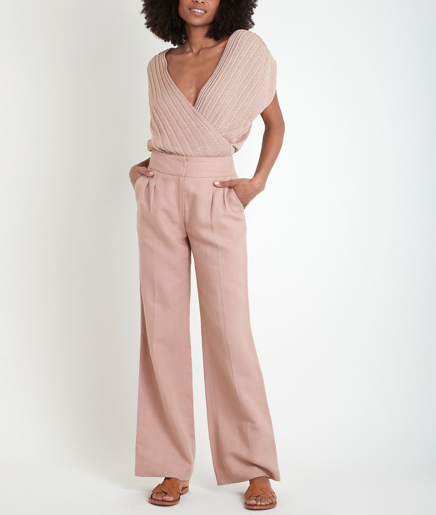 Pantalon large rose en coton et lin Galaxy Faume - seconde main