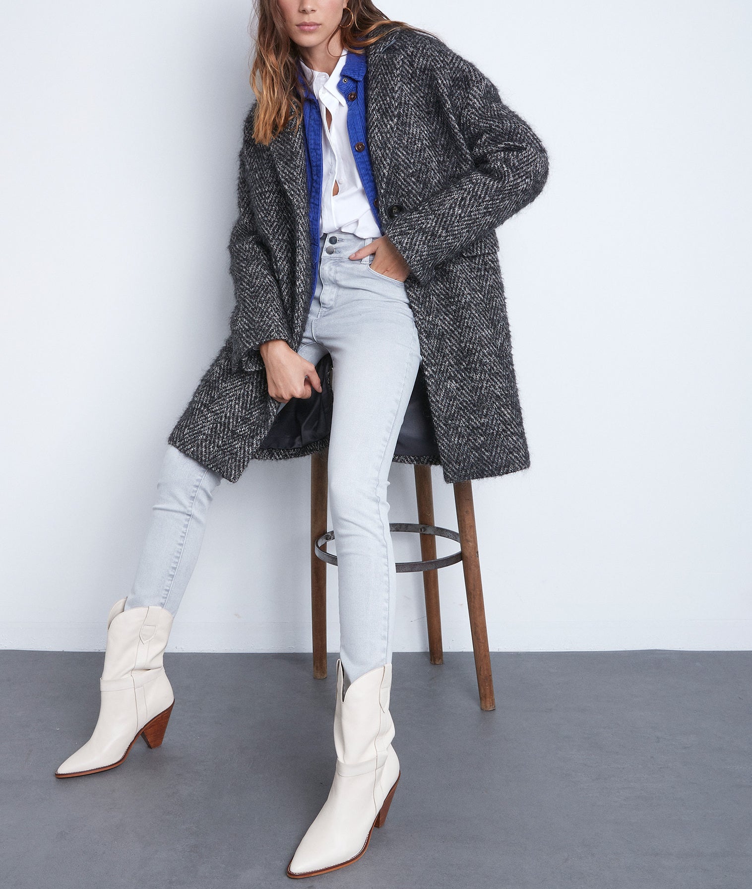 Manteau en laine à chevron gris chiné Lubna Faume - seconde main