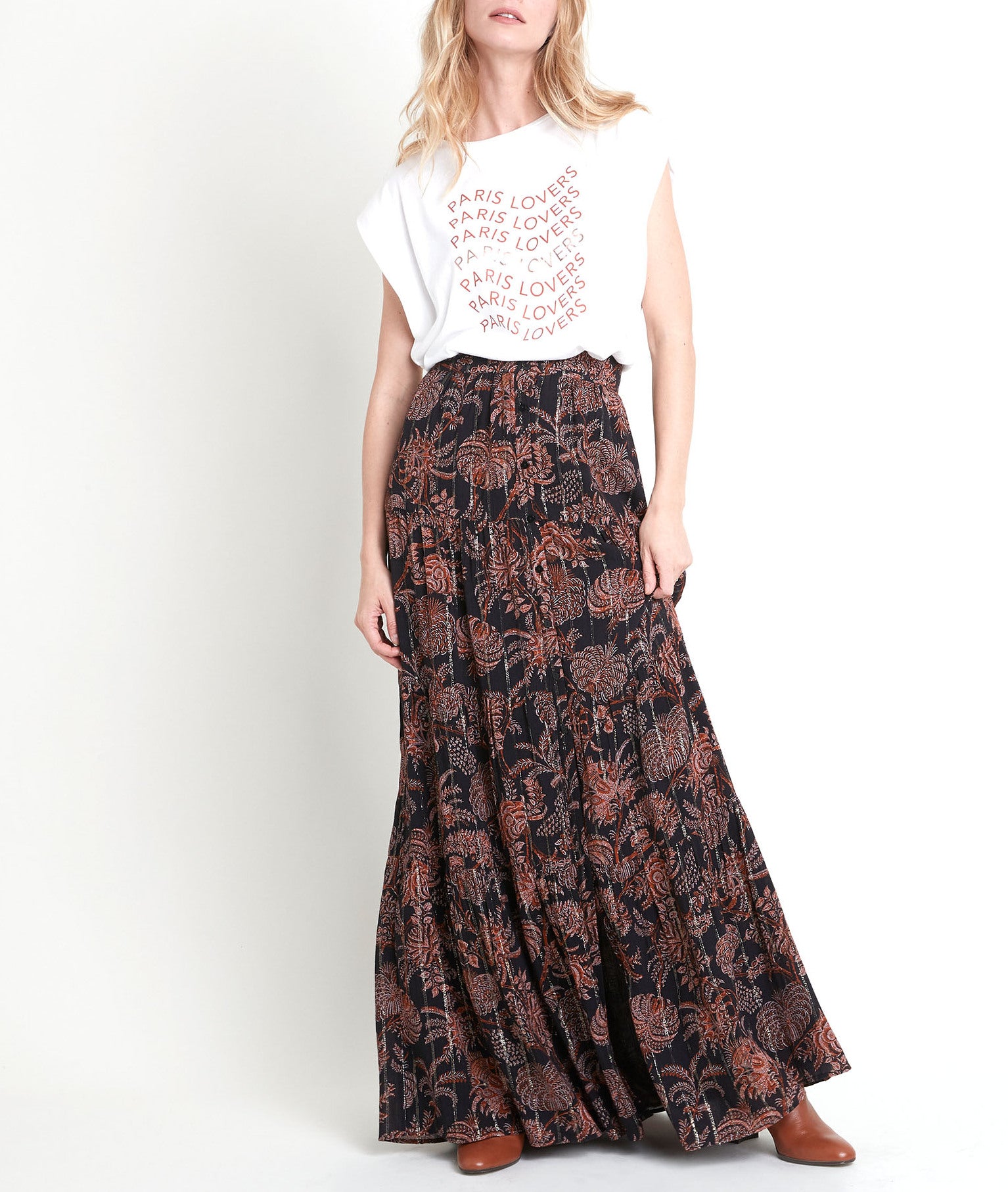 Jupe longue imprimée noire et orange Emira Faume - seconde main