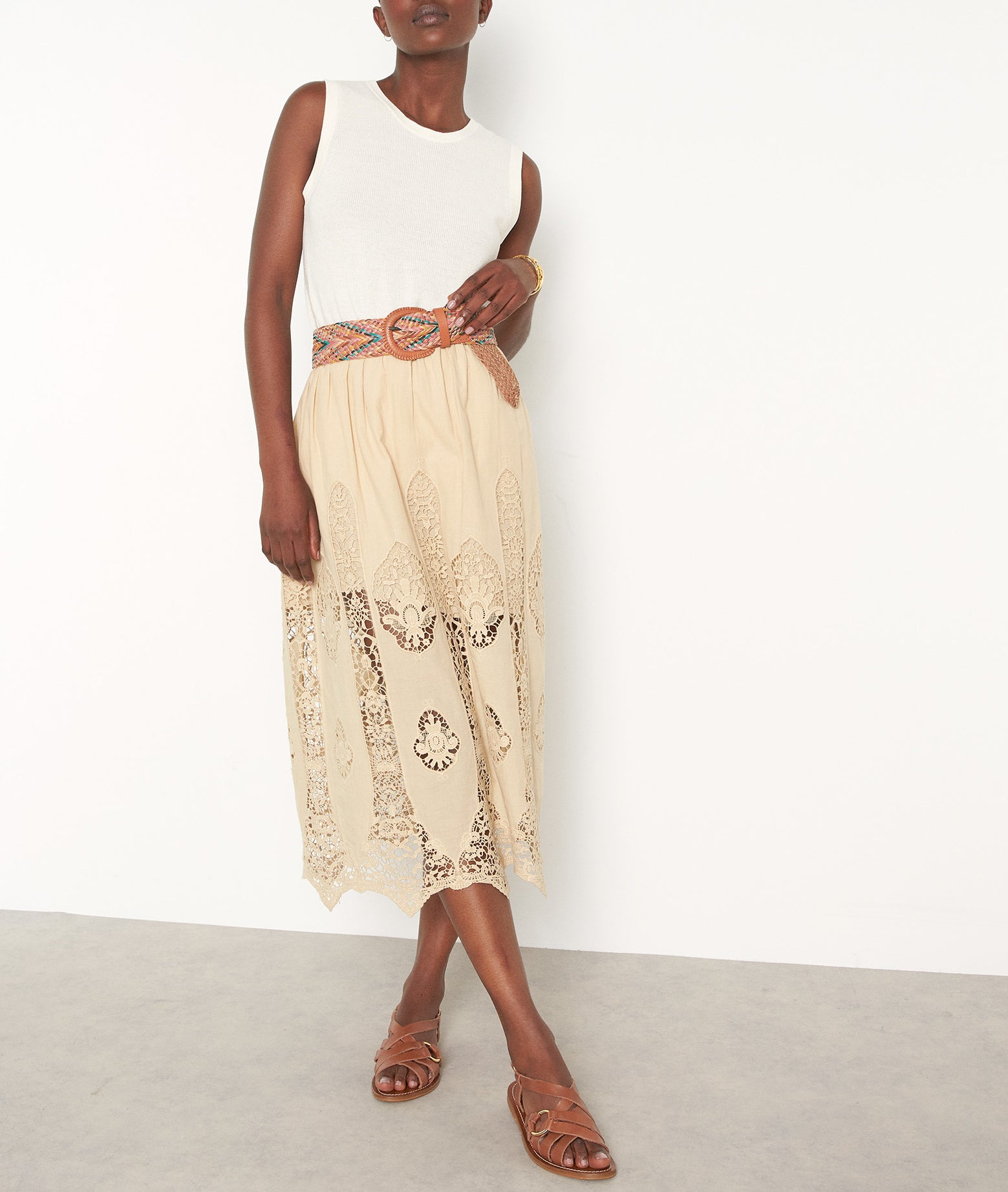 Jupe midi en coton ajouré blé Dulcie Faume - seconde main